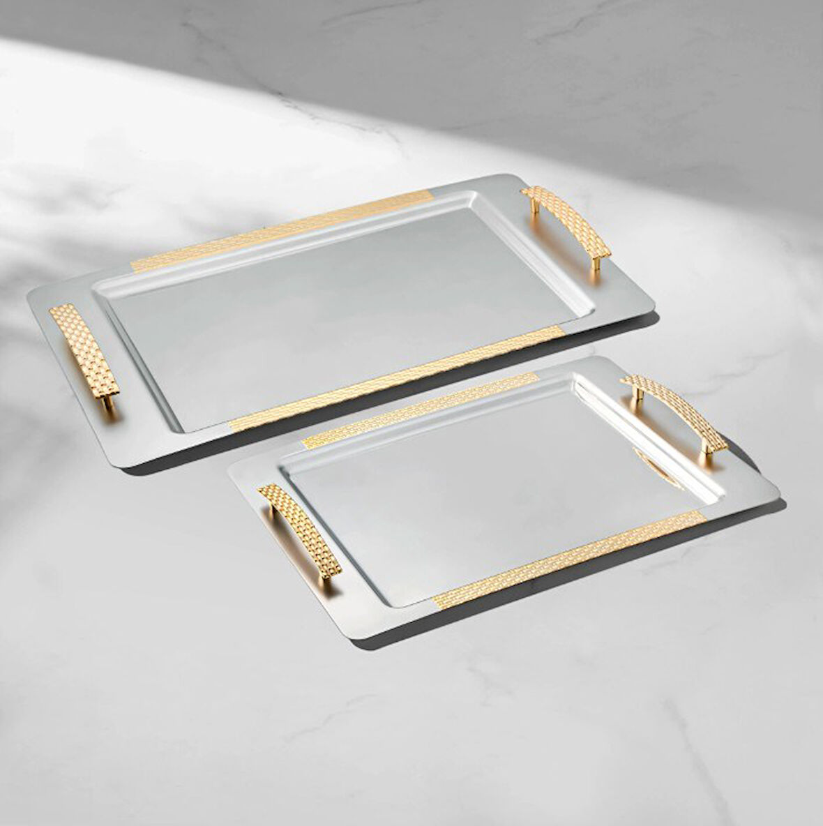 Nehir Sırma Sade Altın 2 Li Paslanmaz Çelik Tepsi Çay Kahve Tepsisi - Servis Tepsisi 