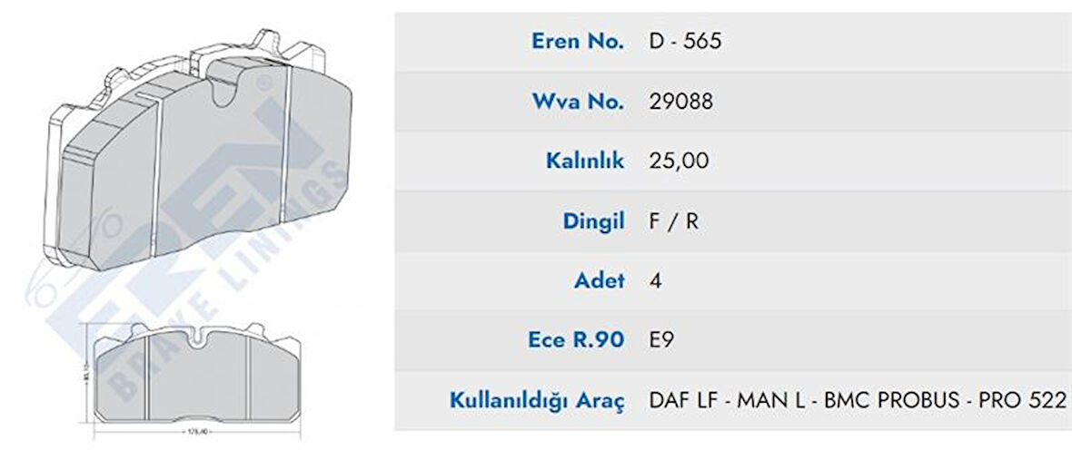 İsuzu Ticarı On Fren Balatası  Man 12 - 153 (97-) (yesil Kutu Otobus İcin) L2000 M2000 / Renault Midlum / İsuzu N - Eren Yern-D.565 M201 Yaylı