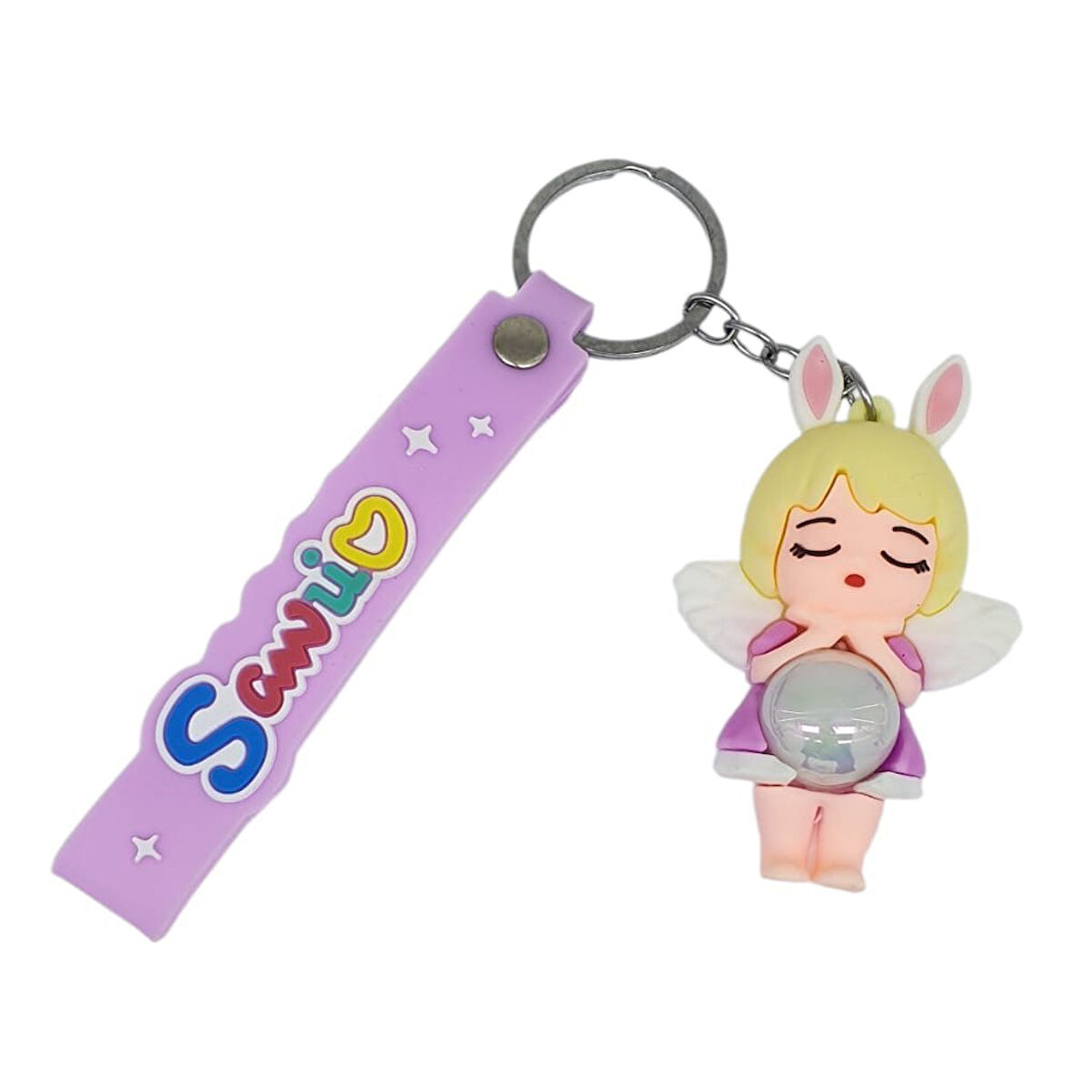 Figürlü ve Işıklı Silikon Anahtarlık -  Kız Figür - Mor
