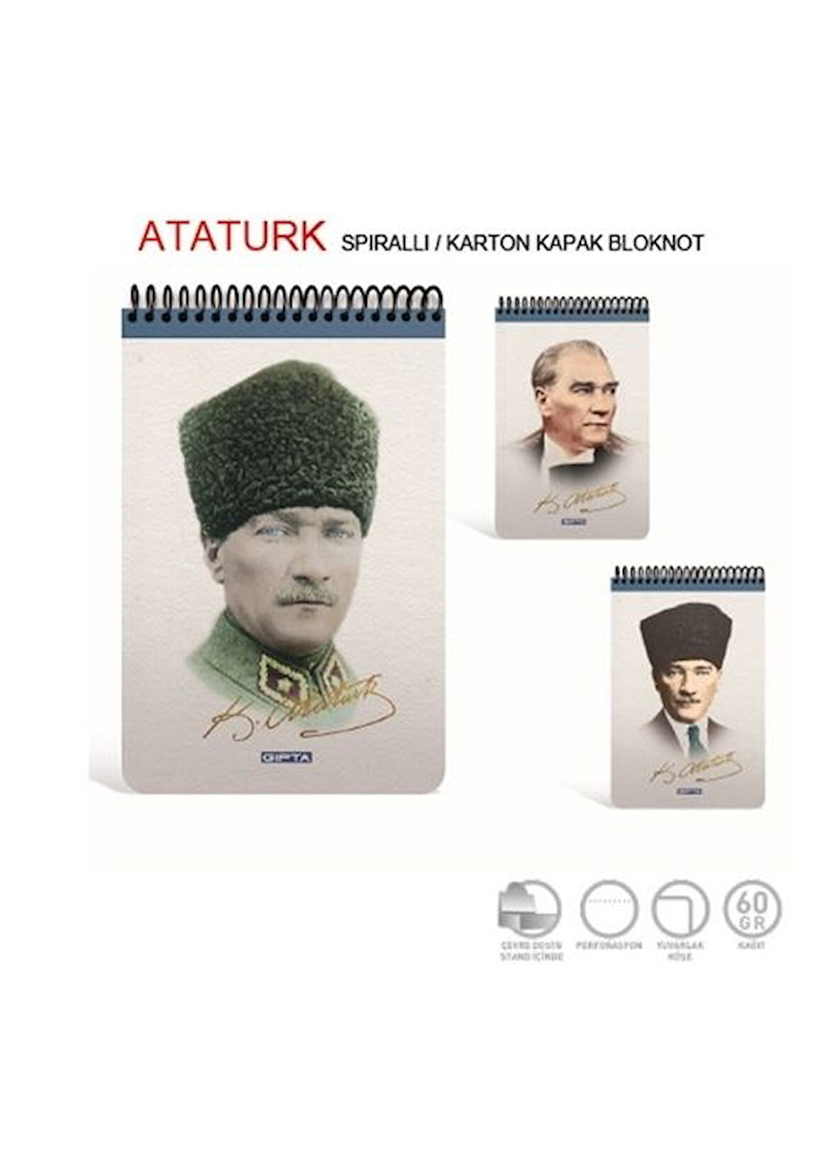 Atatürk Spiralli Karton Kapak Bloknot A5 100 Yaprak Kareli (2612) Gıpta