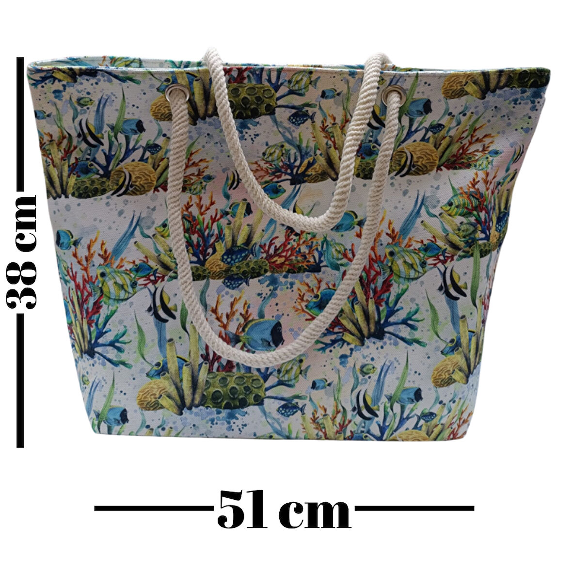 Kadın Plaj Çantası Fermuarlı İçi Astarlı Cepli Akvaryum Desenli Yumuşak Halat Saplı