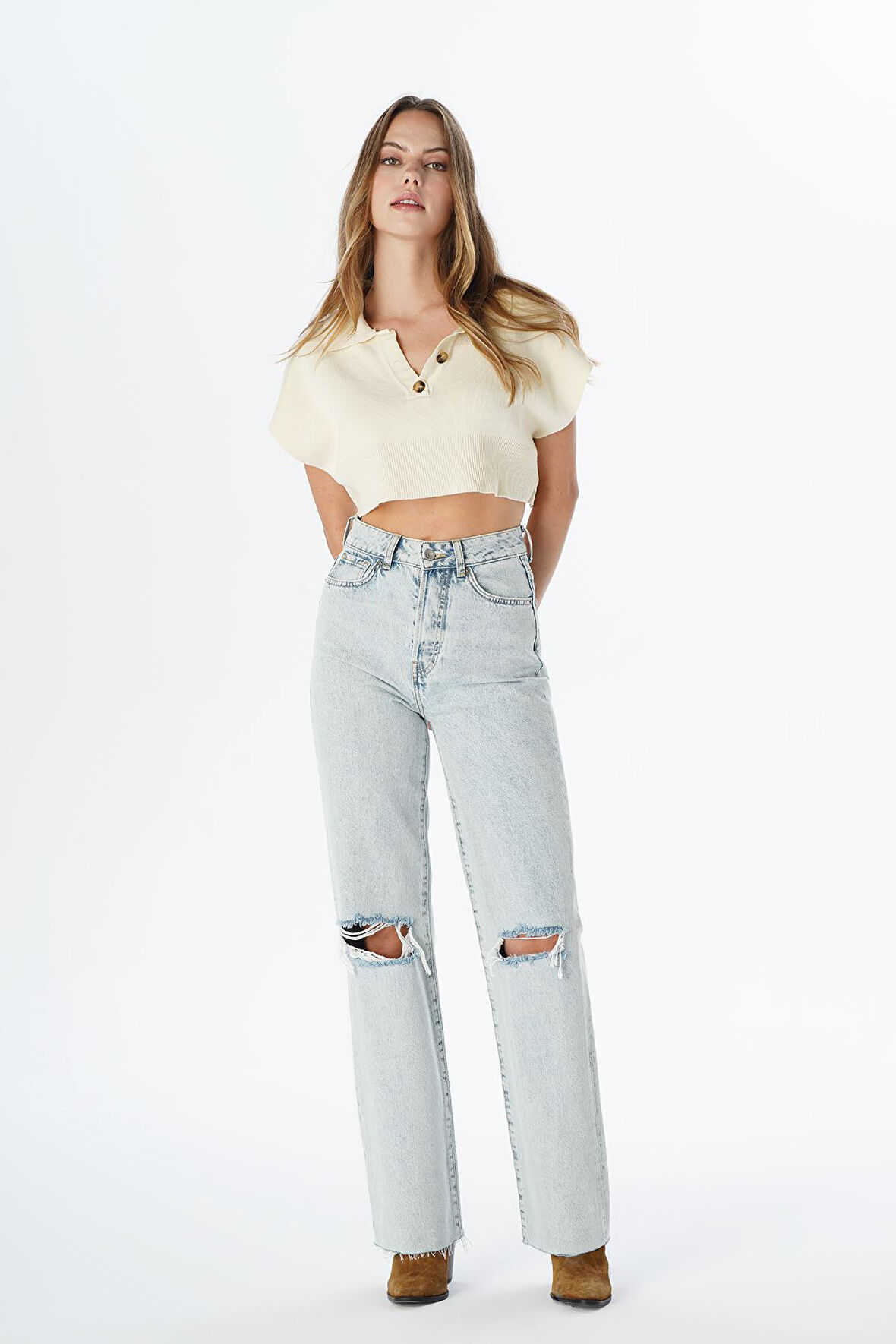 Weslie Açık Mavi Yüksek Bel Yıpratmalı Düğmeli Wideleg Fit Jean Pantolon C 4530-064