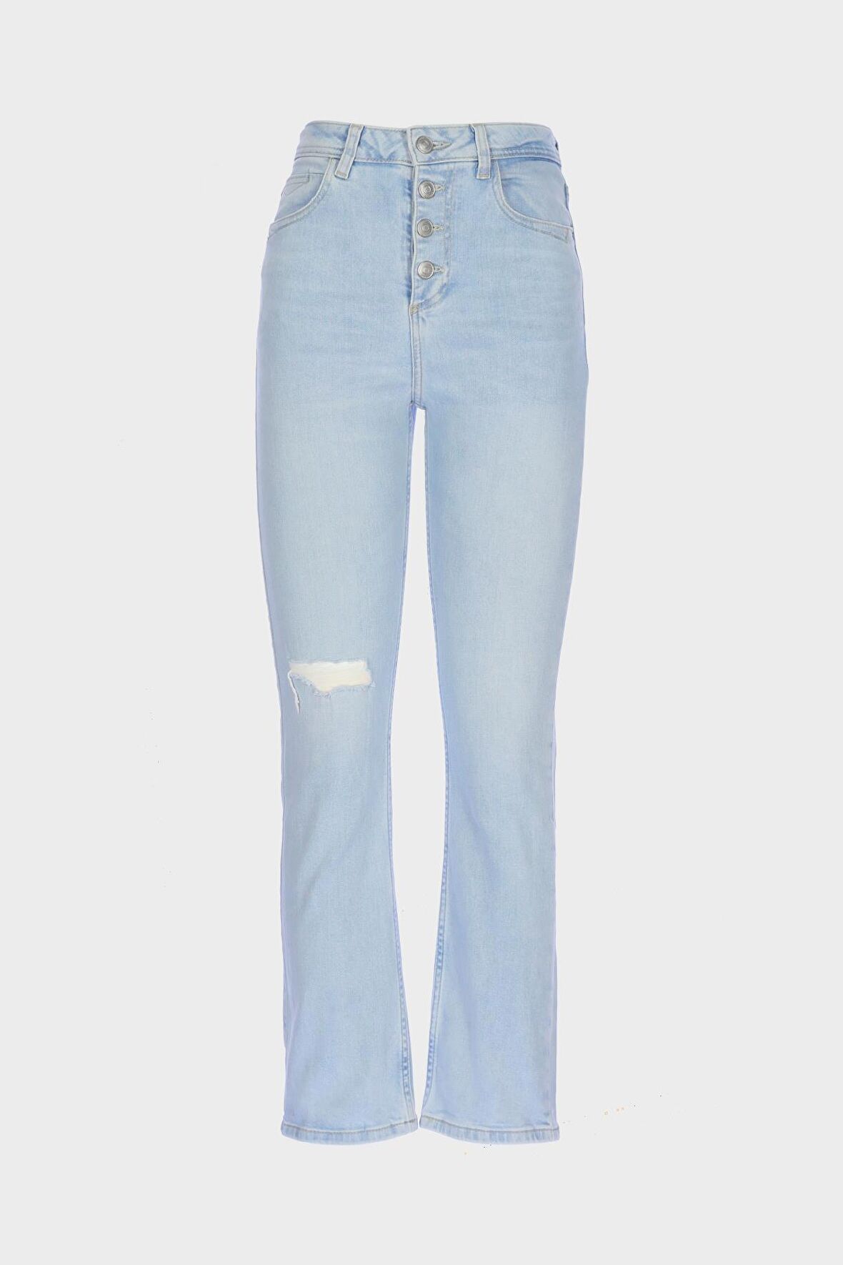 Buz Mavi Yüksek Bel Slim Fit Yıpratmalı Patı Düğmeli Jean Pantolon C 4521-190