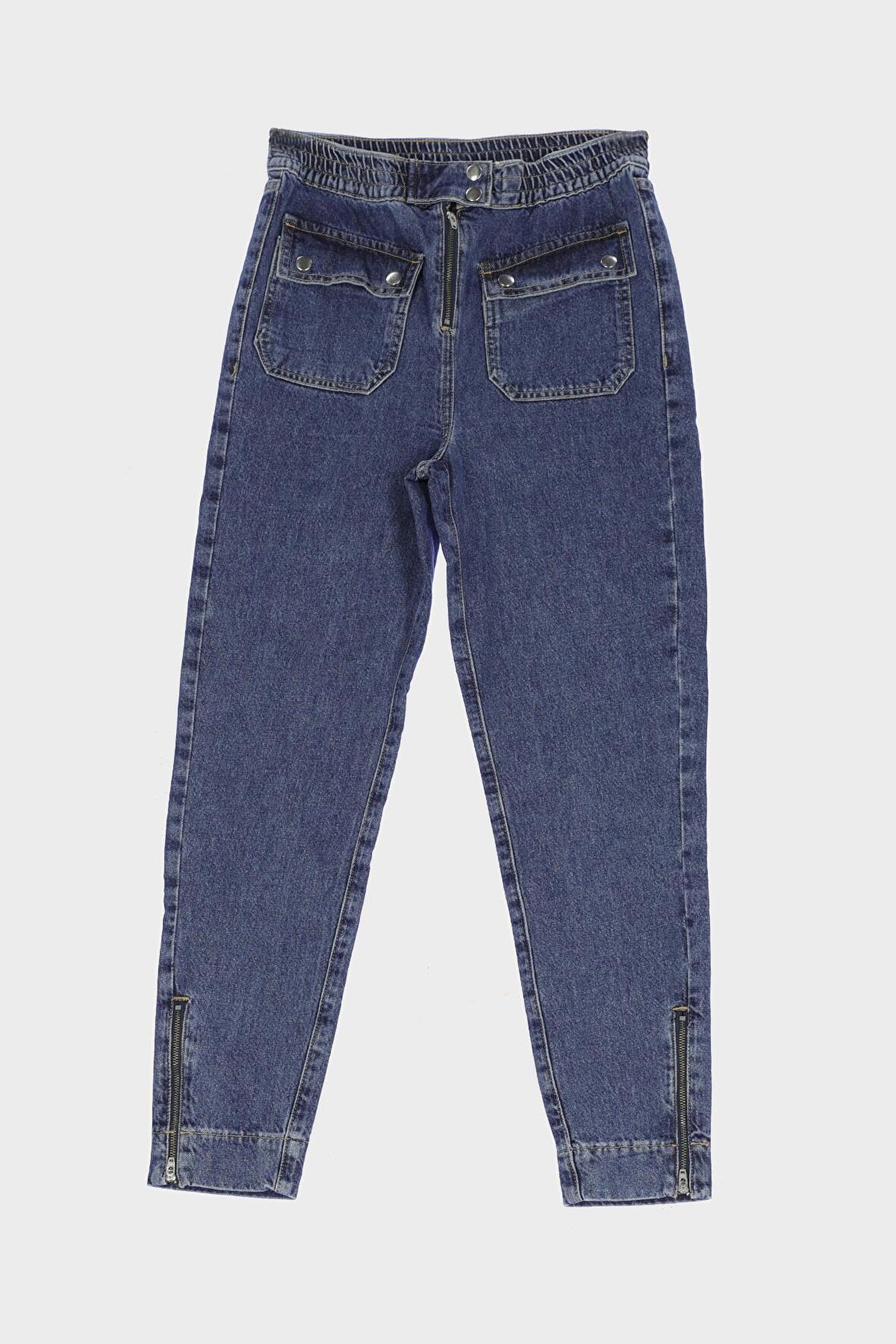 Koyu Mavi Beli Lastikli Üstten Cepli Paçası Fermuarlı Jean Pantolon C 4689-006