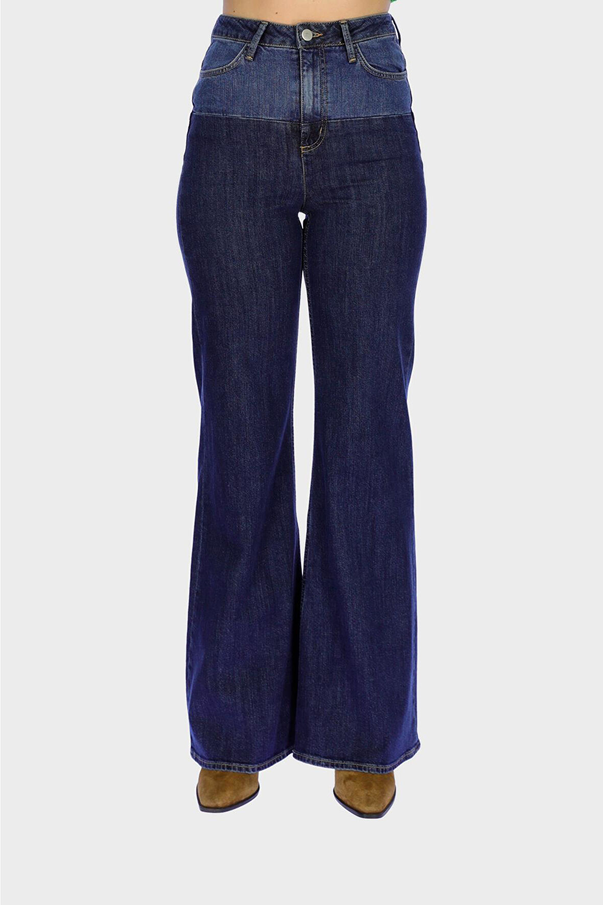 Aurora Yüksek Bel Orta Mavi Renk bloklu Patı Fermuarlı Flare Jean Pantolon C 4530-086