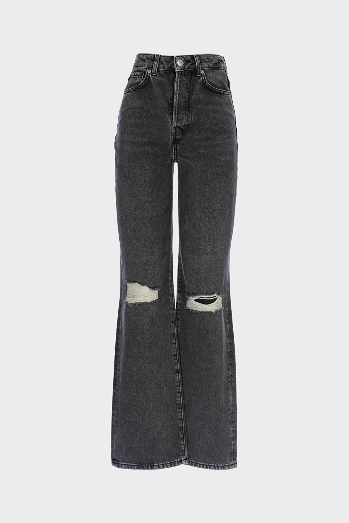 Weslie Yüksek Bel Antrasit Dizi Yıpratmalı Patı Düğmeli Wideleg Jean Pantolon C 4530-080