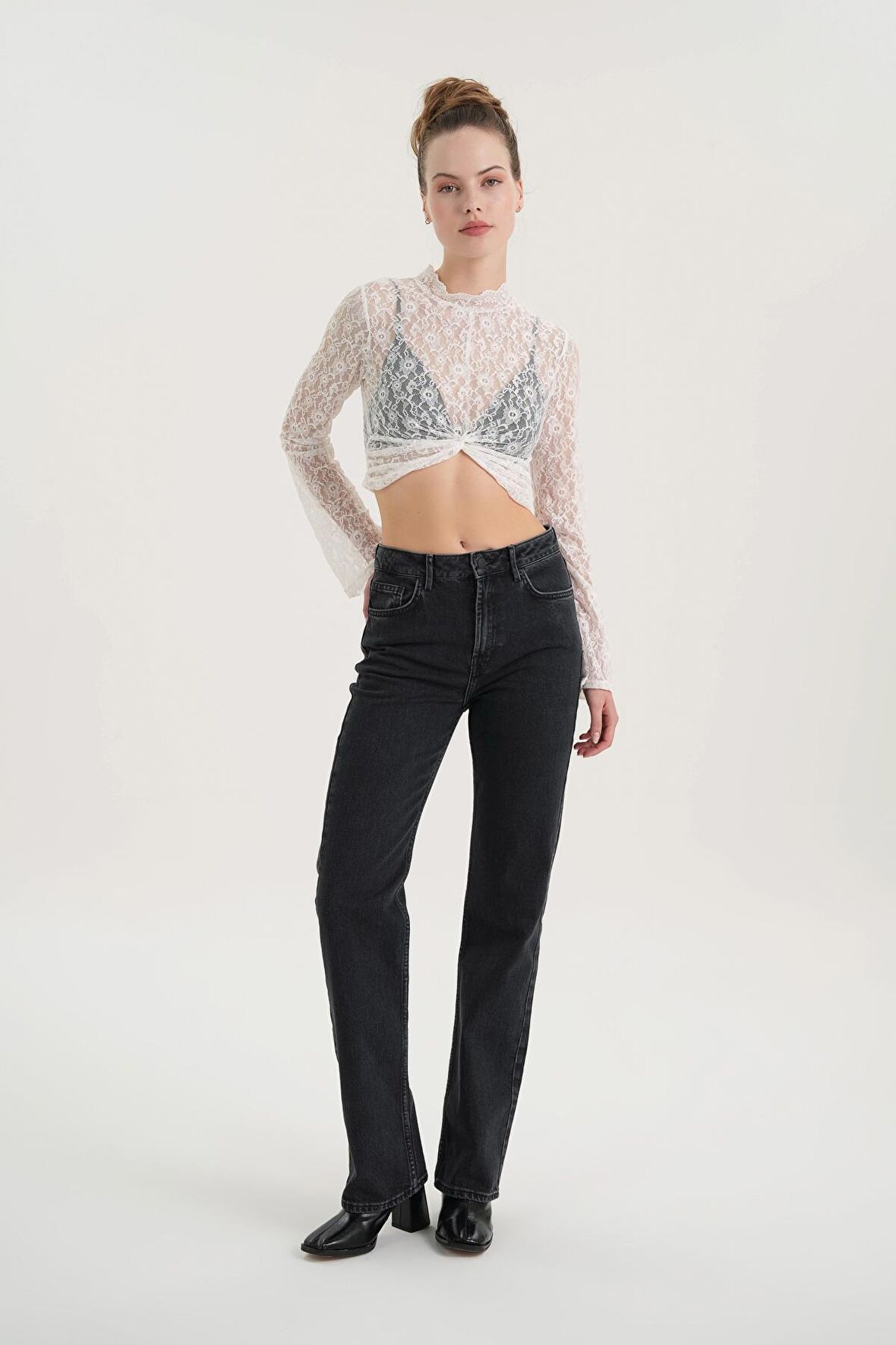 Antrasit Yüksek Bel Patı Fermuarlı Vintage Straight Fit Jean Pantolon C 4931-005