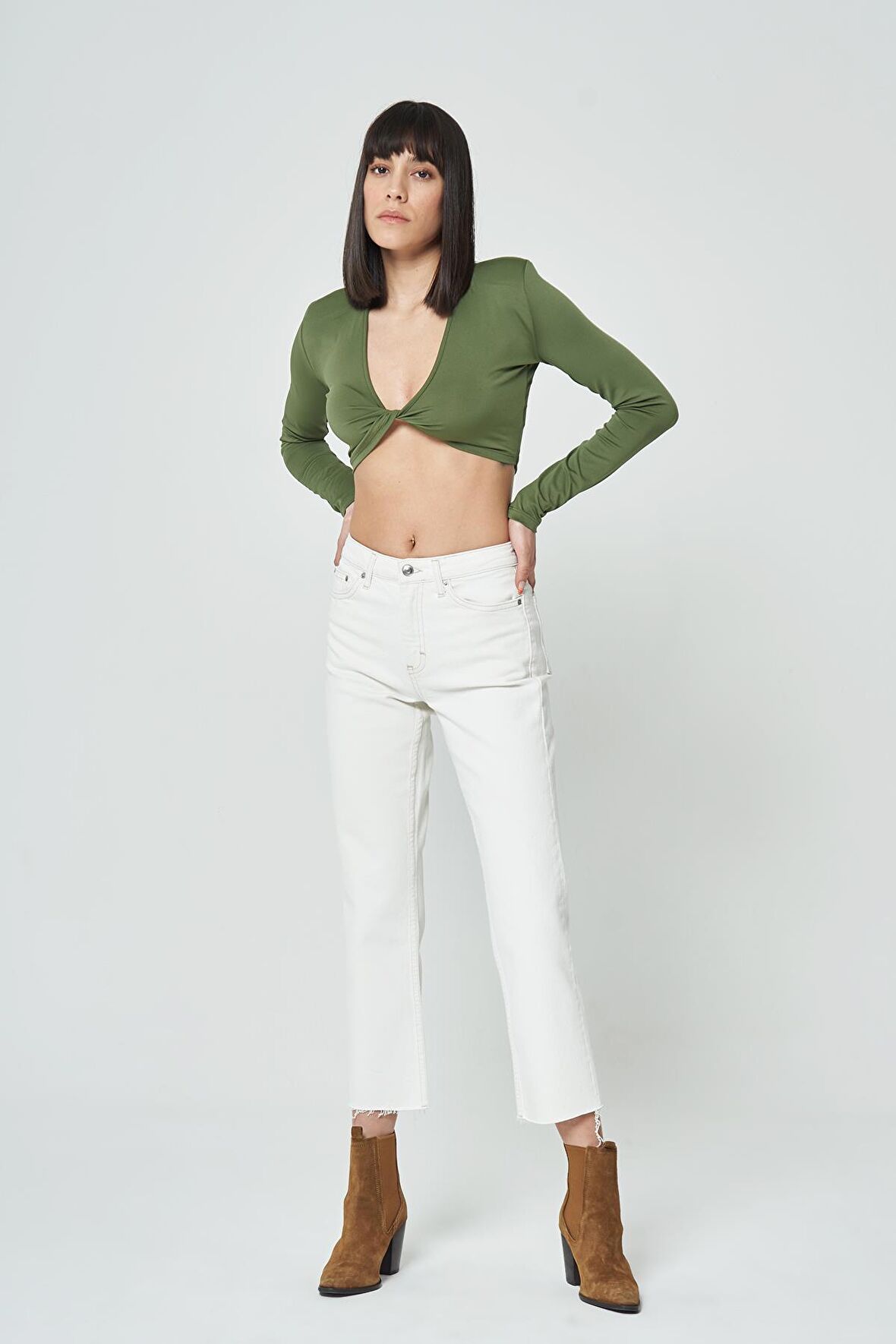Eliza Cropped Ekru Paçası Kesik Yüksek Bel Straight Fit Fermuarlı Jean Pantolon C 4518-064