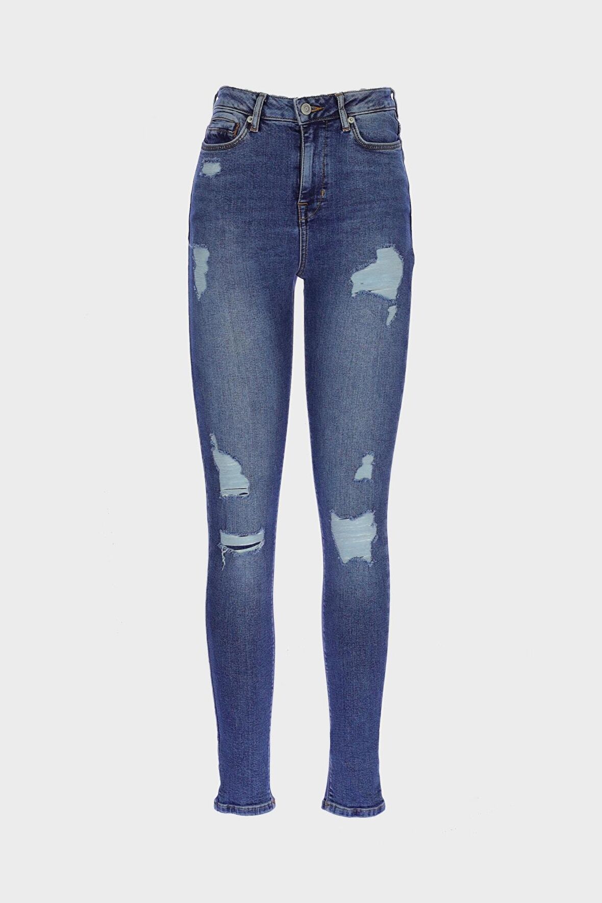 Judy Orta Mavi Yüksek Bel Yıpratmalı Fermuarlı Skinny Fit Jean Pantolon C 4521-226