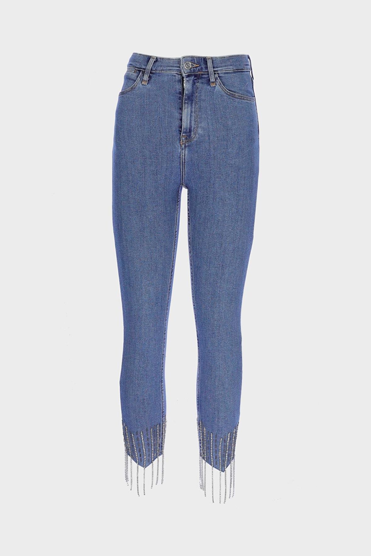 Judy Orta Mavi Yüksek Bel Patı Fermuarlı Taş Detaylı Jean Pantolon C 4521-227