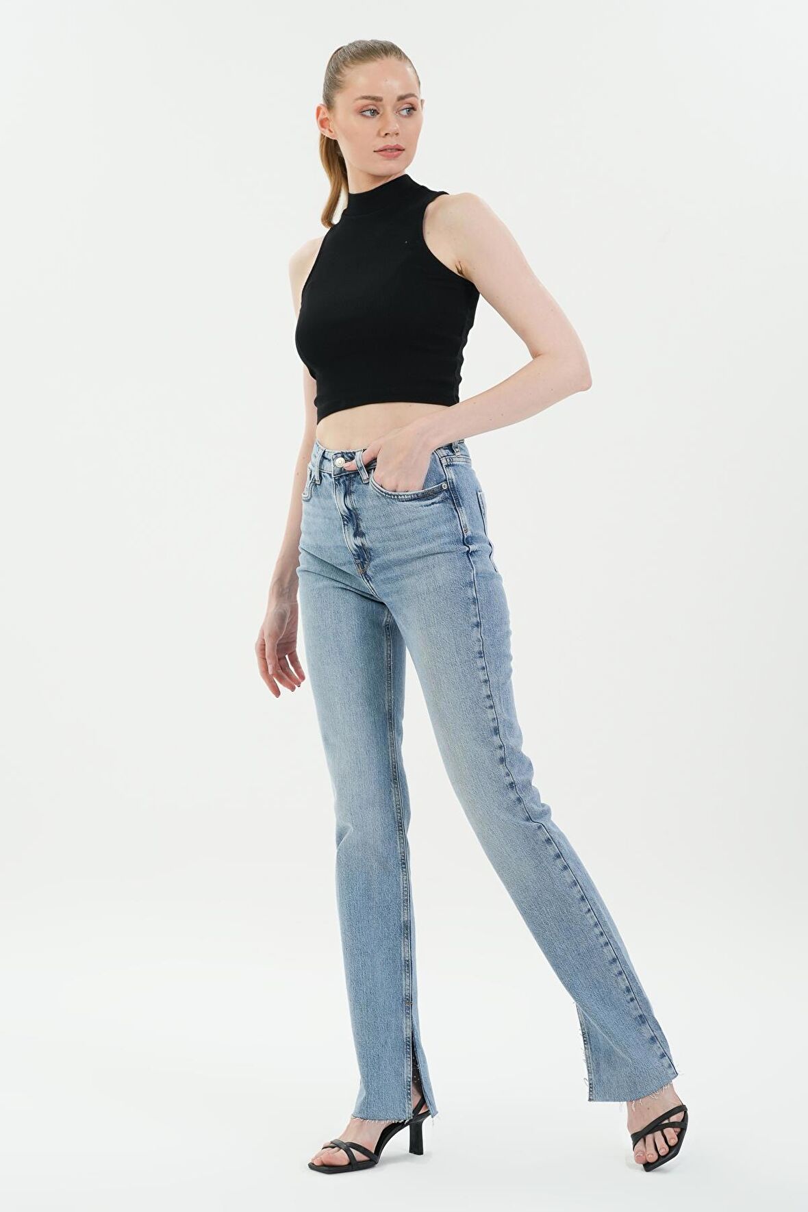 Açık Mavi Yüksek Bel Patı Fermuarlı Slim Straight Jean Pantolon C 4556-027