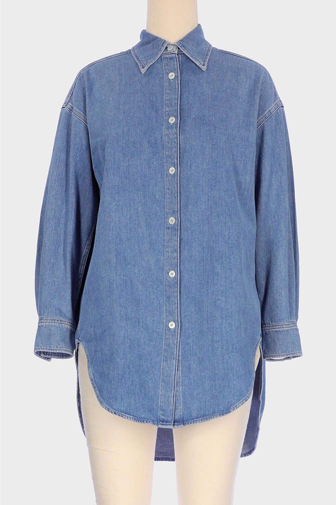 Açık Mavi Uzun Kol Patı Düğmeli Oversize Jean Gömlek C 4538-231