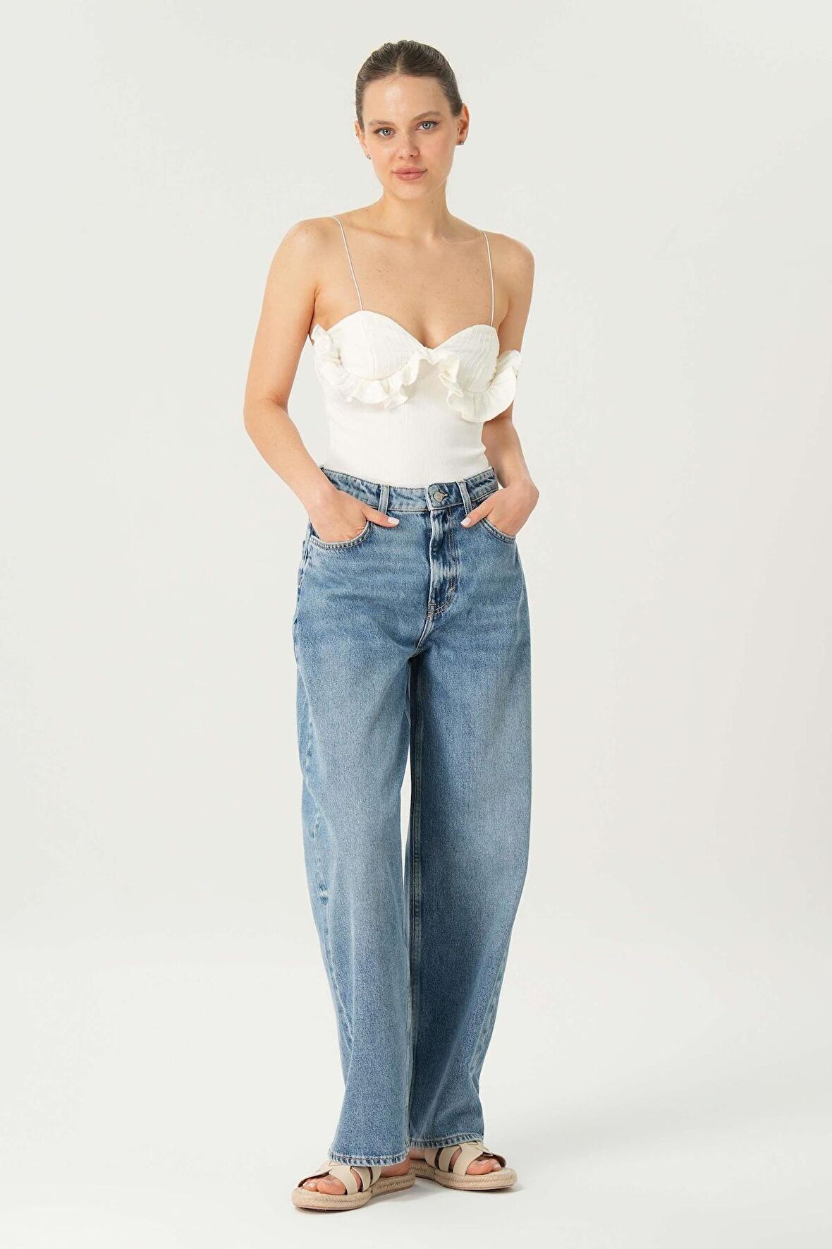 Orta Mavi Yüksek Bel Patı Fermuarlı Loose Jean Pantolon C 4934-017