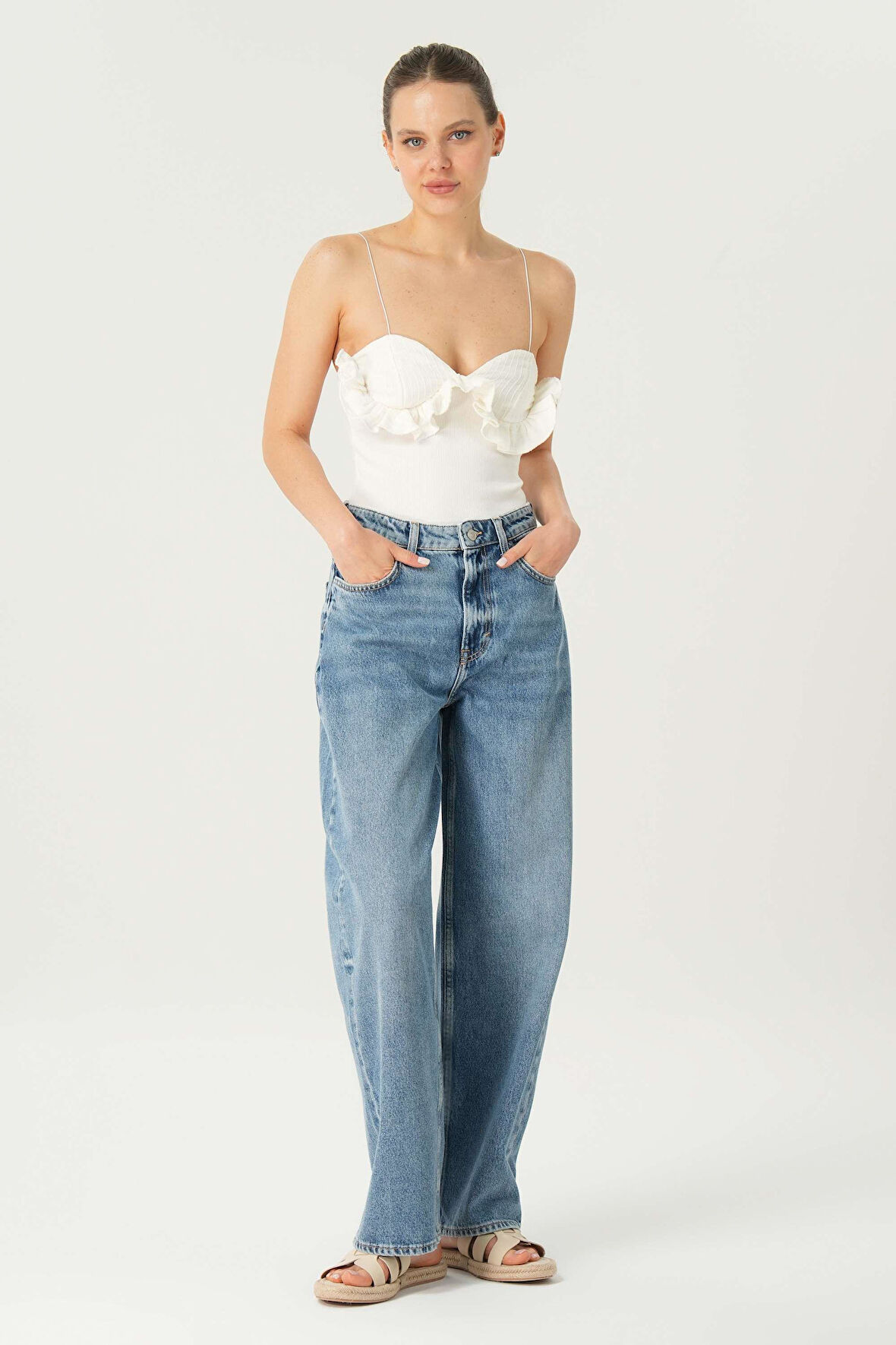 Orta Mavi Yüksek Bel Patı Fermuarlı Loose Jean Pantolon C 4934-017