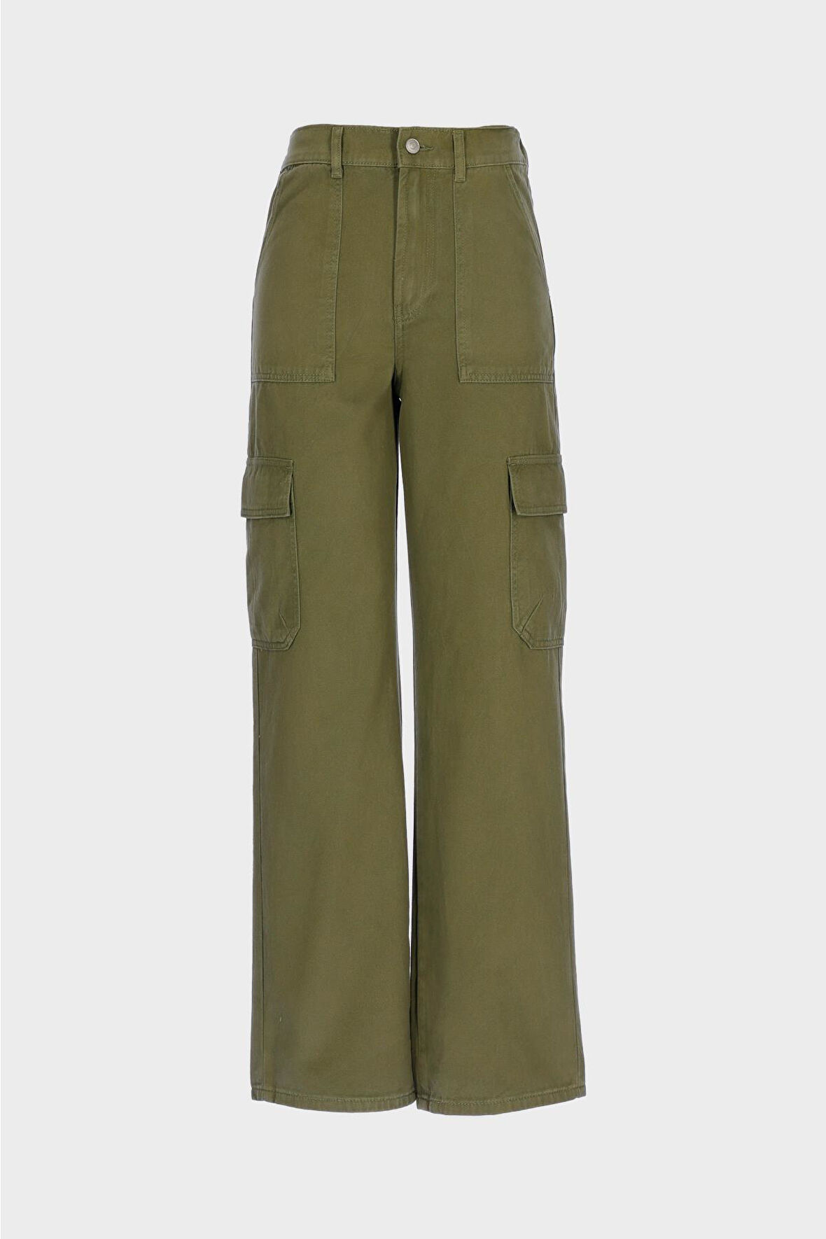 Hazel Haki Yüksek Bel Beli Lastikli Patı Fermuarlı Straight Jean Pantolon C 4527-021