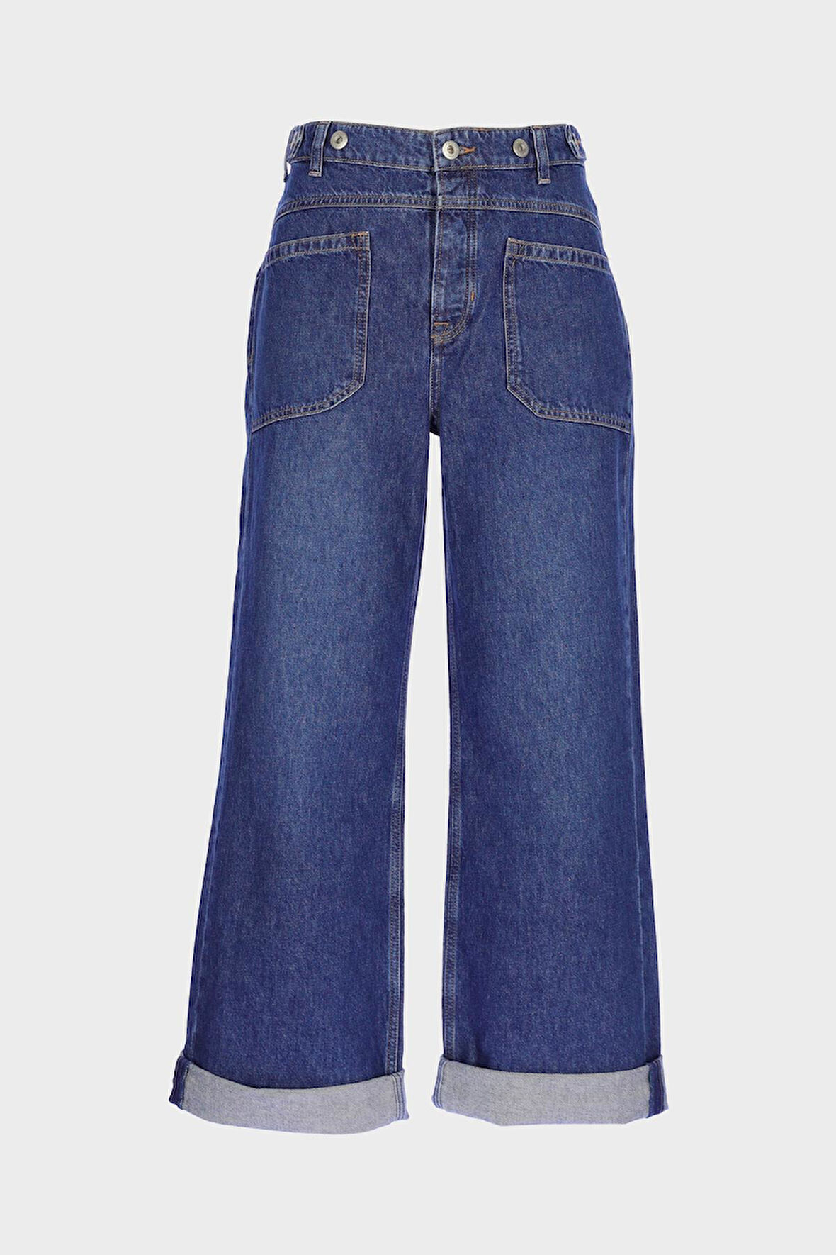 Weslie Koyu Mavi Yüksek Bel Patı Düğmeli Crop Wideleg Jean Pantolon C 4530-217
