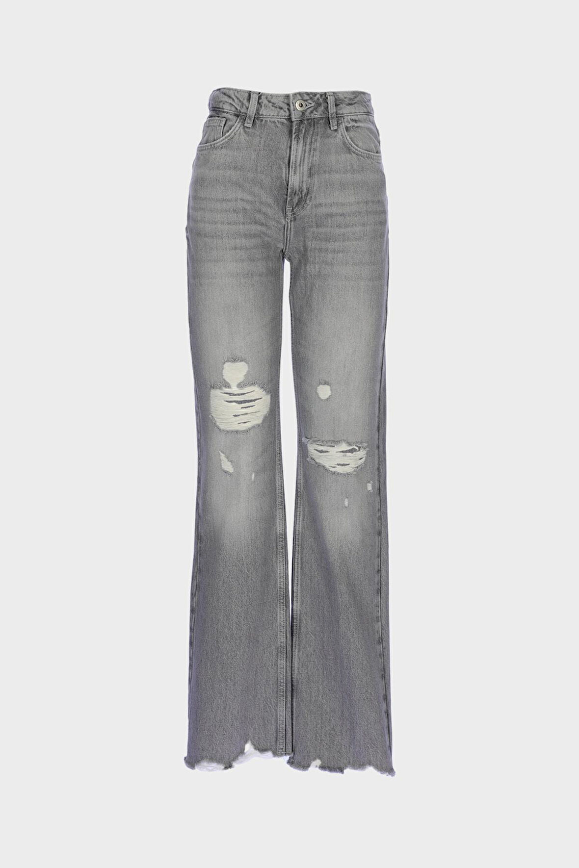 Açık Gri Yüksek Bel Patı Fermuarlı Yıpratmalı Vintage Straight Fit Jean Pantolon C 4931-010
