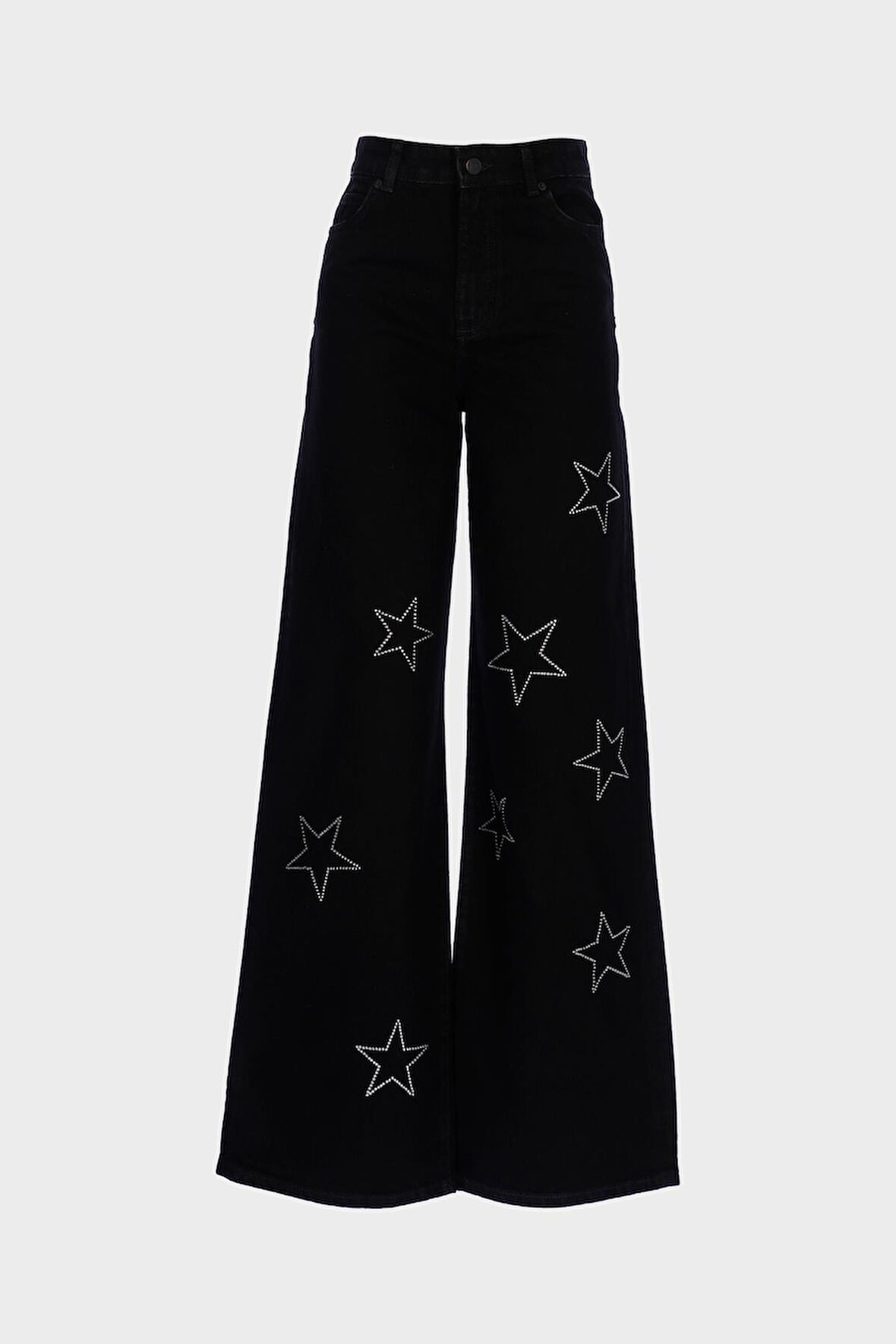 Weslie Siyah Yüksek Bel Fermuarlı Taş Detaylı Wideleg Fit Jean Pantolon C 4530-222