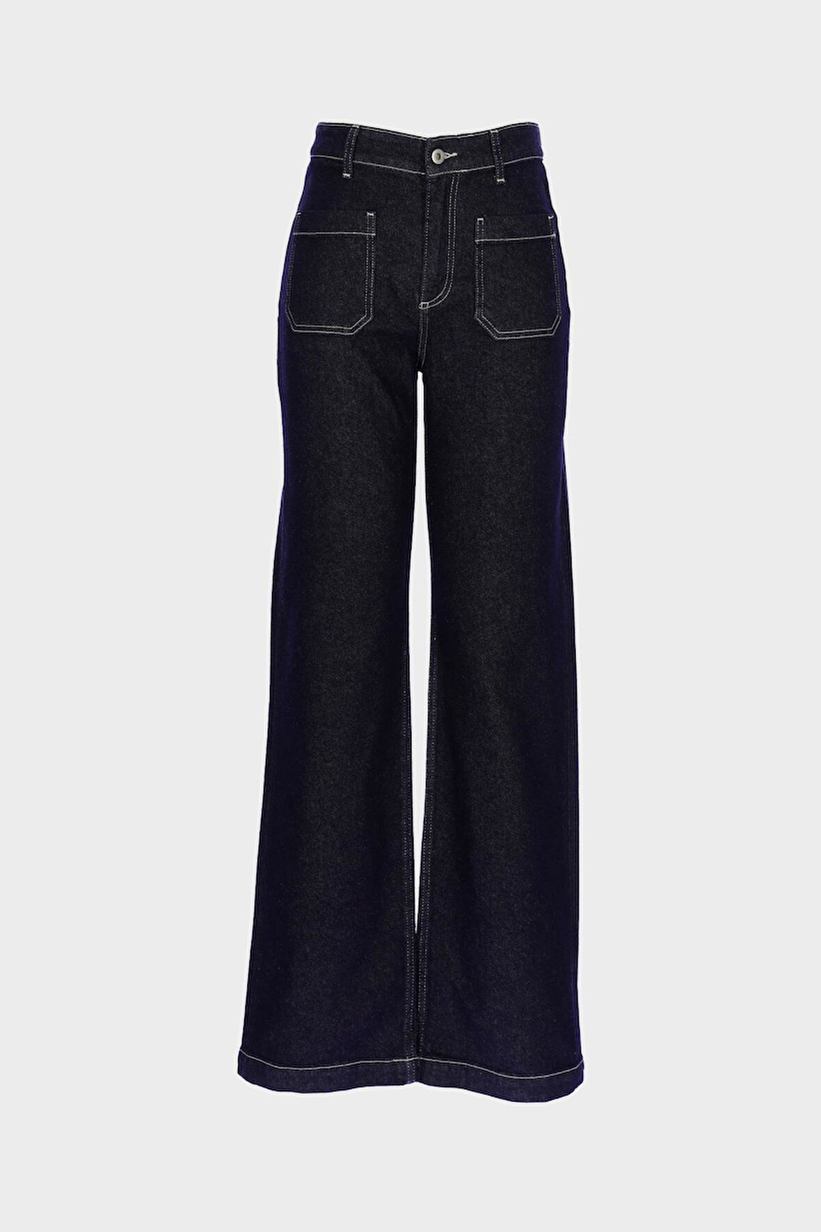 Koyu Mavi Yüksek Bel Takma Cepli Patı Fermuarlı Wideleg Jean Pantolon C 4939-005