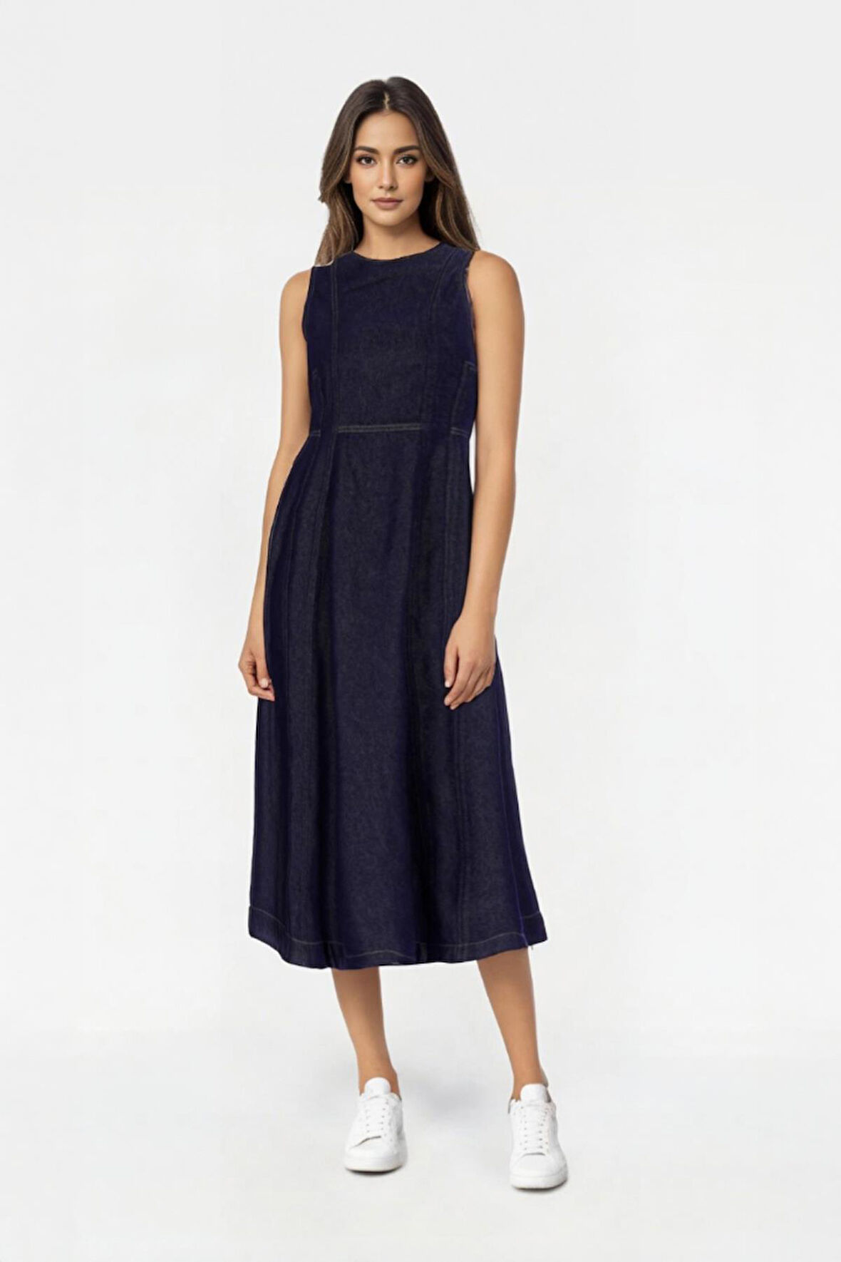 Koyu Mavi Kolsuz Kuplu Maxi Jean Elbise C 4676-068
