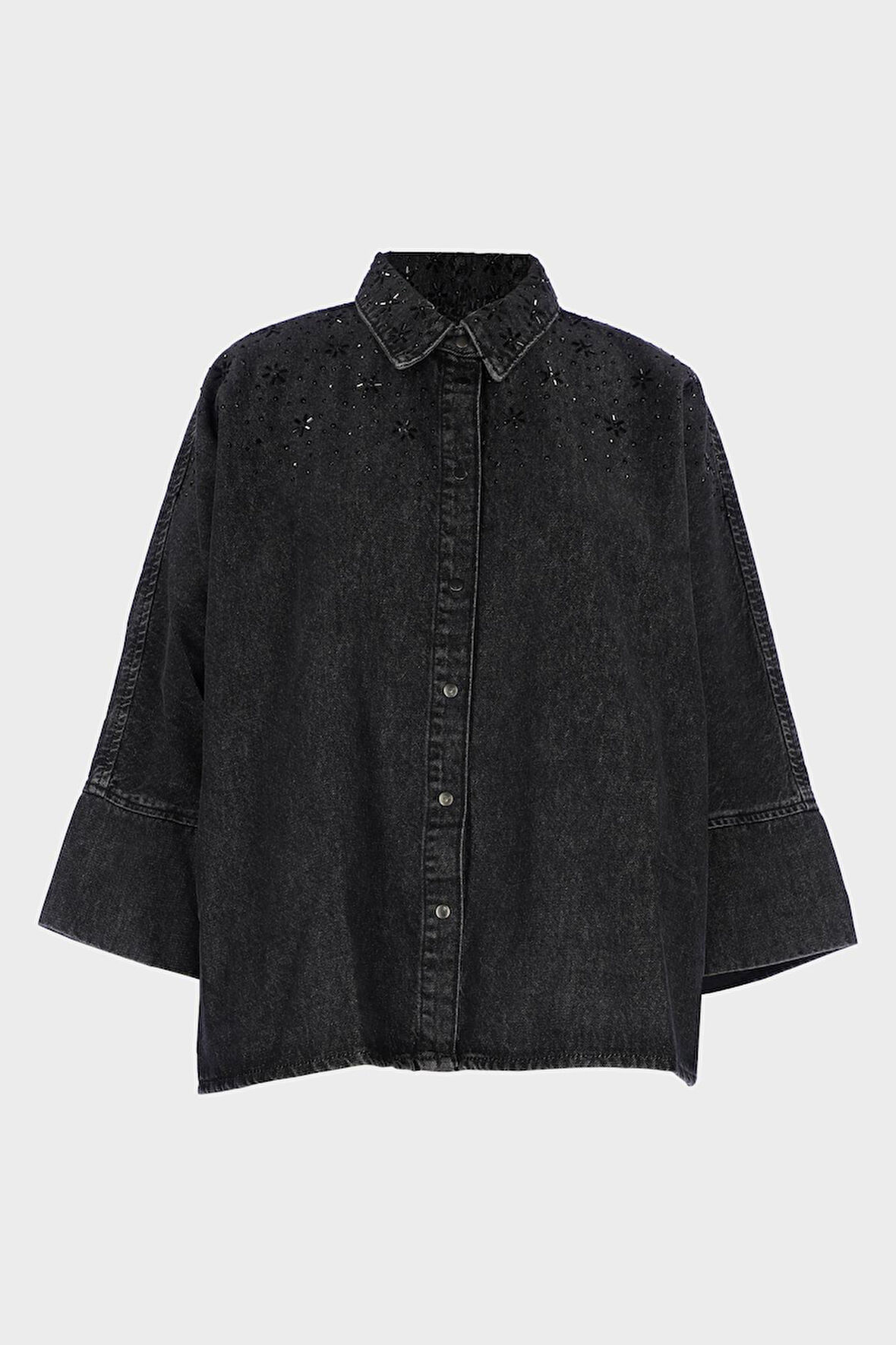 Antrasit Oversize Patı Çıt Çıtlı Taş Detaylı Jean Gömlek C 4538-248