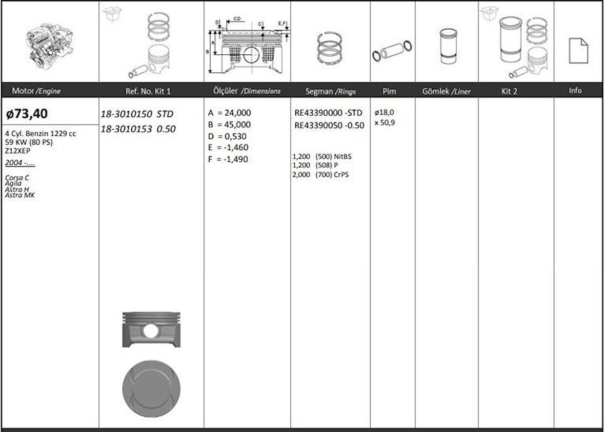 Opel Motor Piston+segmanı ( Riken )  73,40+0,50mm Cap Corsa C Agıla Astra H Astra Mk Z12xep 4 Sil. Benzin - Kingpiston 18-3010153