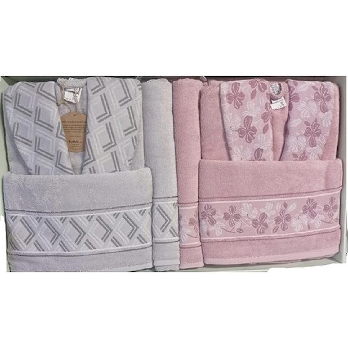 Özdilek Fiore Line Gri Pembe Bambu Aile Bornoz Seti 