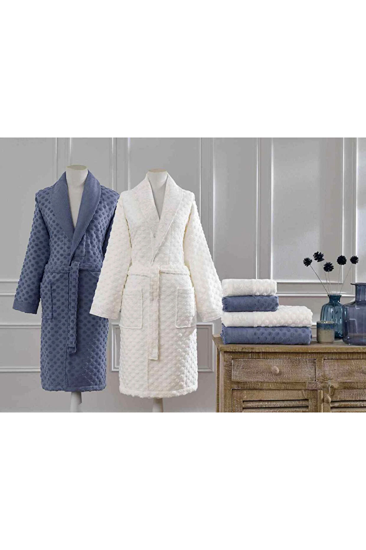 Özdilek Mistico Aile Bornoz Seti İndigo-Krem