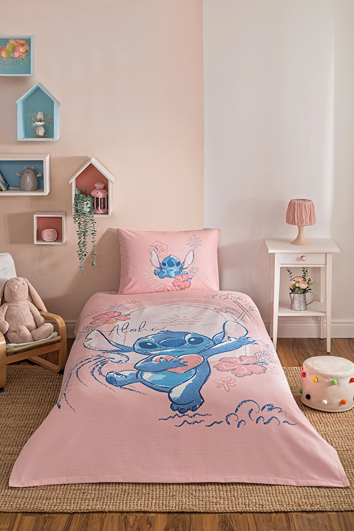 Özdilek Stitch Aloha Tek Kişilik Disney Lisanslı Lastikli Çarşaf Çocuk Pike Takımı