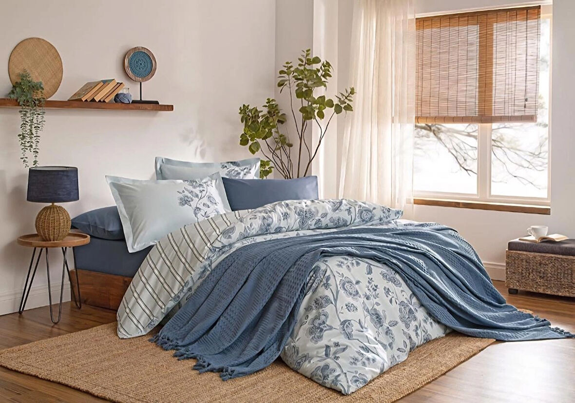 ÖZDİLEK ÇİFT KİŞİLİK PİKELİ NEVRESİM TAKIMI FRESQUE İNDİGO