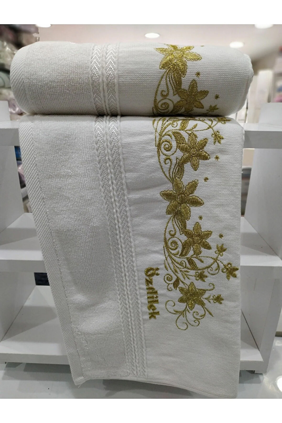 2 Adet Nakışlı El Yüz Havlusu 50x90 Cm Sarı Simli