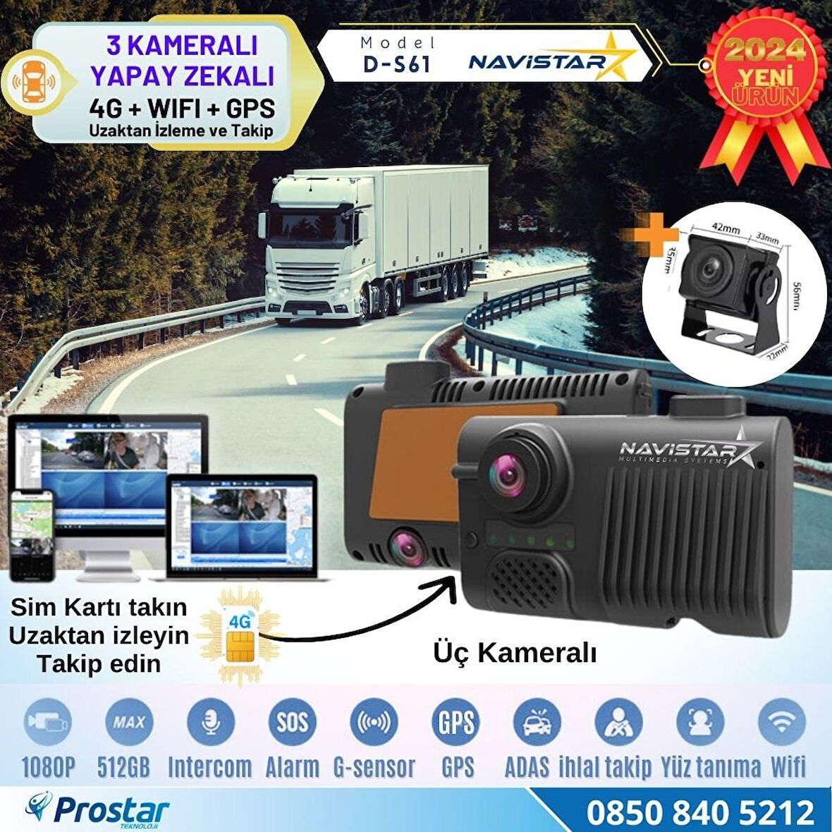 3 Kameralı 4G Uzaktan izlemeli GPS Wifi Yapay Zekalı Akıllı Dashcam Kamyon Tır Kamera Sistemi