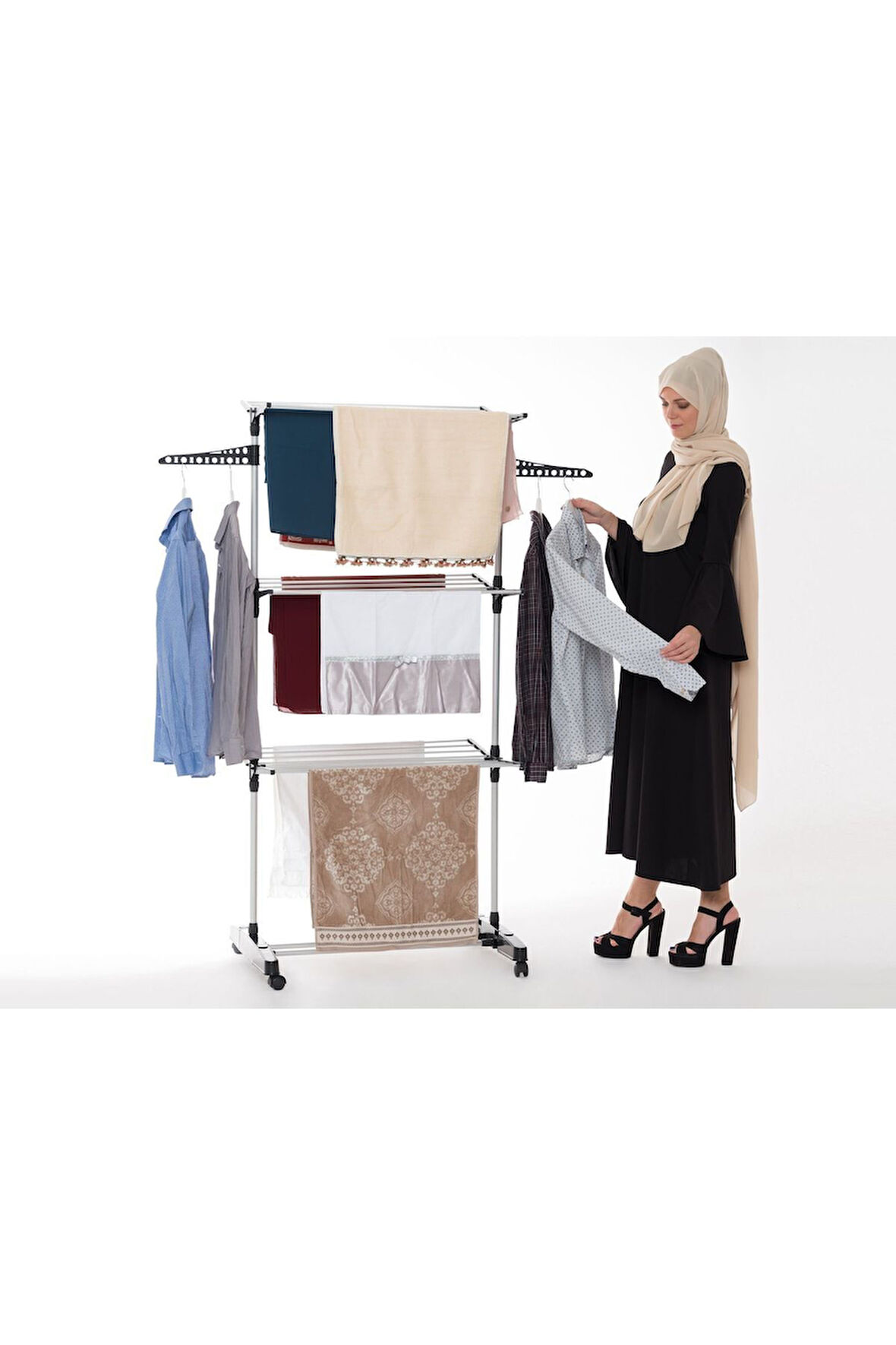 3 Katlı Tekerlekli Katlanabilir Ayaklı Kurutmalık