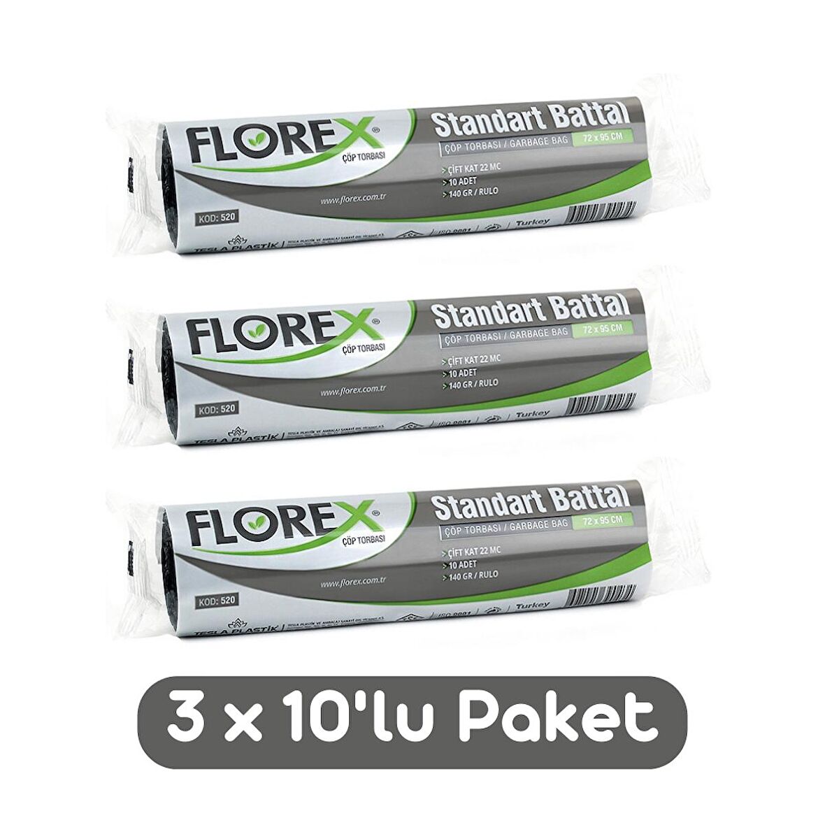 Florex Standart Battal Boy Çöp Torbası 72x95 Cm 10'lu Rulo Siyah 3 Rulo (30 Adet)