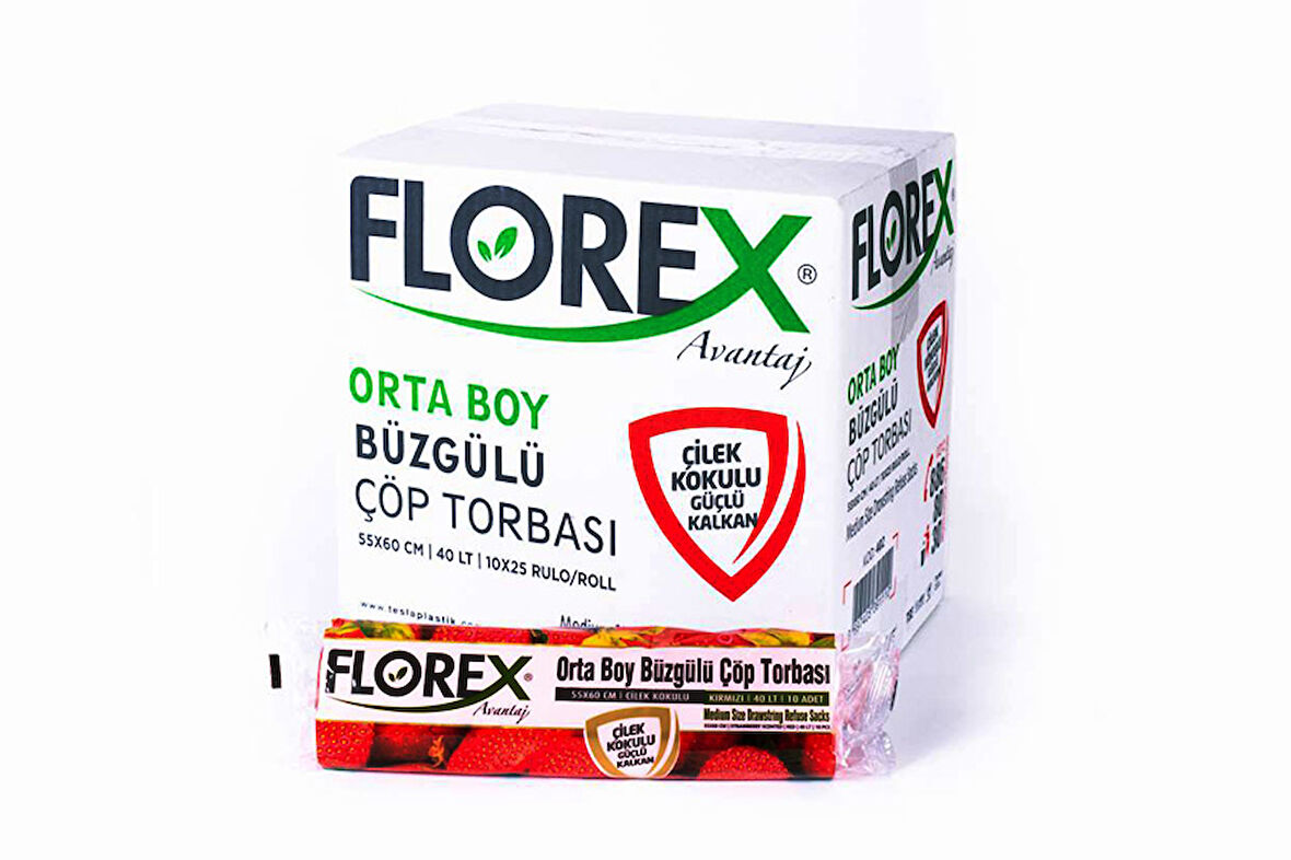 Florex 402 Çilek Kokulu Büzgülü Orta Kırmızı Çöp Poşeti 25 Rulo