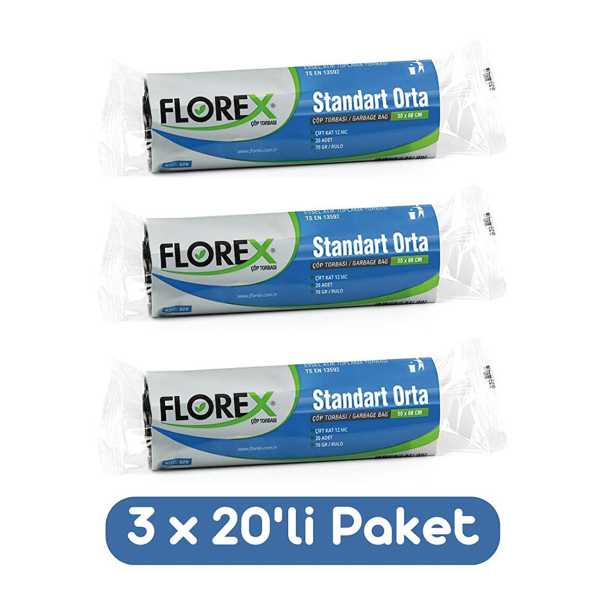 Florex Standart Orta Boy Çöp Torbası 55x60 Cm 20'li Rulo Siyah 3 Rulo (60 Adet)