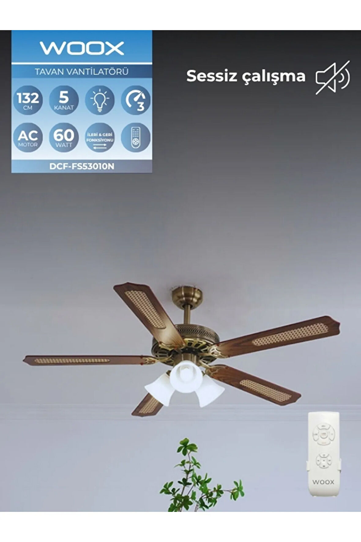 İleri Geri Fonksiyonlu 5 Kanatlı Fan ve Işıklı Uzaktan Kumandalı Tavan Vantilatörü, Sessiz Çalışma