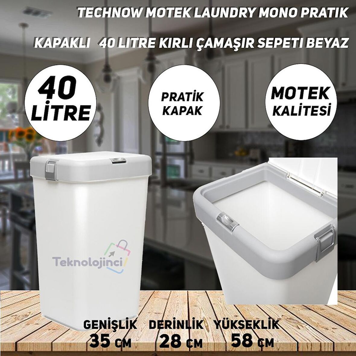 Technow Motek Laundry Mono Pratik Kapaklı 40 Litre Kirli Çamaşır Sepeti Beyaz