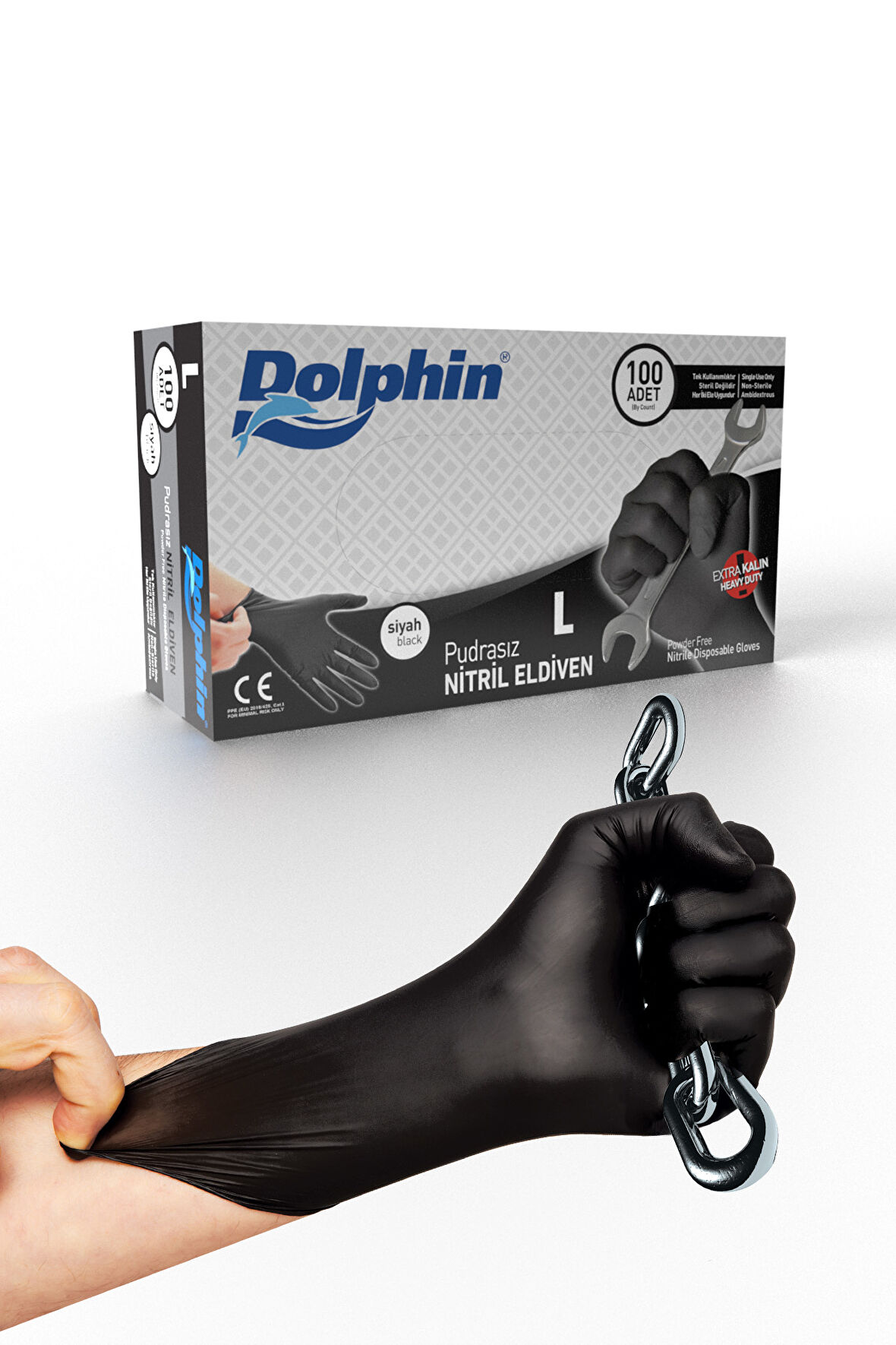 Dolphin Pudrasız Ekstra Kalın Siyah Nitril Eldiven (100 Adet/Kutu)