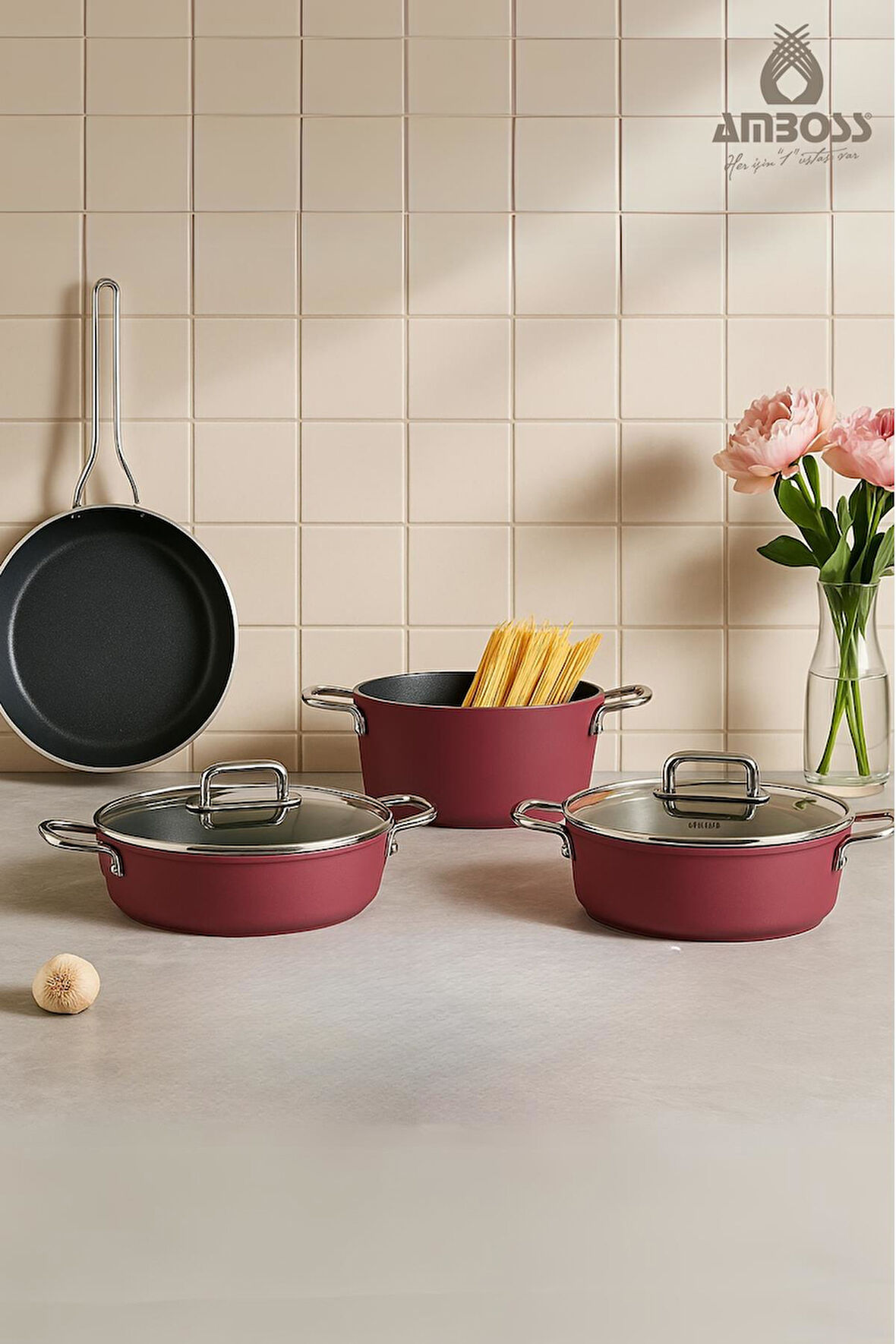 Anyolin 7 Parça Titanyum Kaplama Tencere Tava Seti (Bordo)