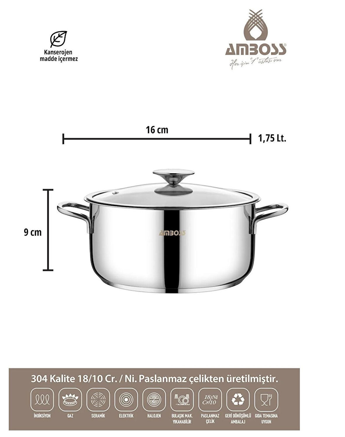 Amboss 16 cm Derin Paslanmaz Çelik Tencere - Cam Kapak 1,75 lt