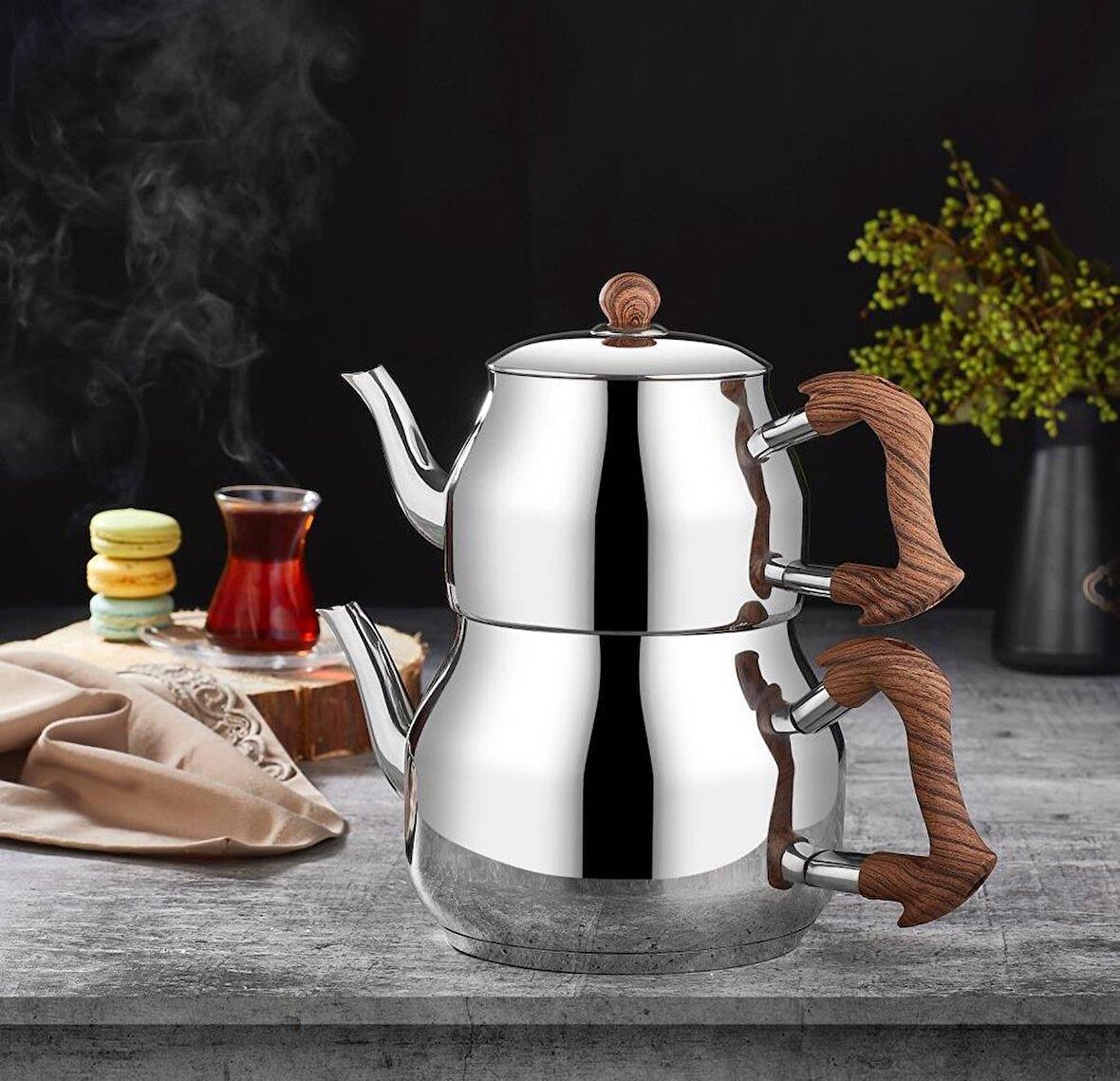 Amboss Mercan Çaydanlık Seti Orta Boy Ahşap Renk MER-6893