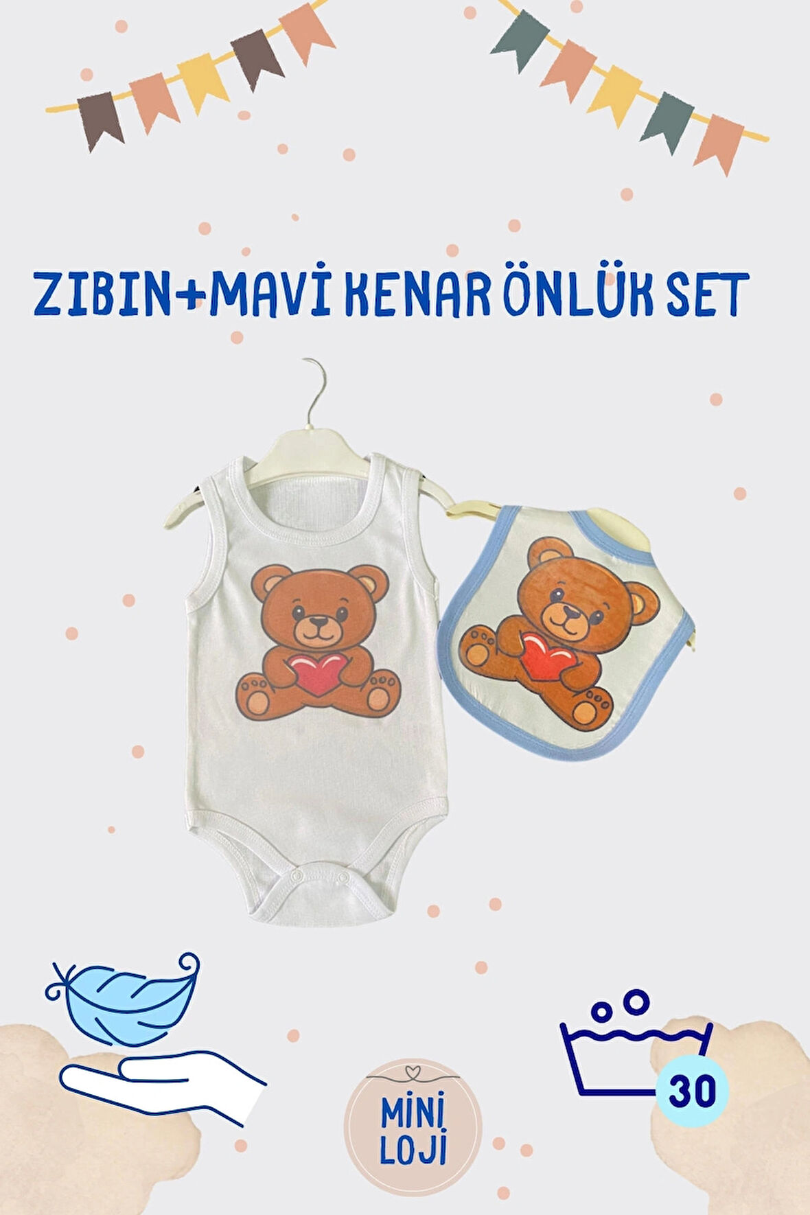 Ayıcık Desenli Bebek Zıbın ve Önlük Seti - Mavi Kenarlı & Pamuklu/Paraşüt Kumaş (0-36 Ay)