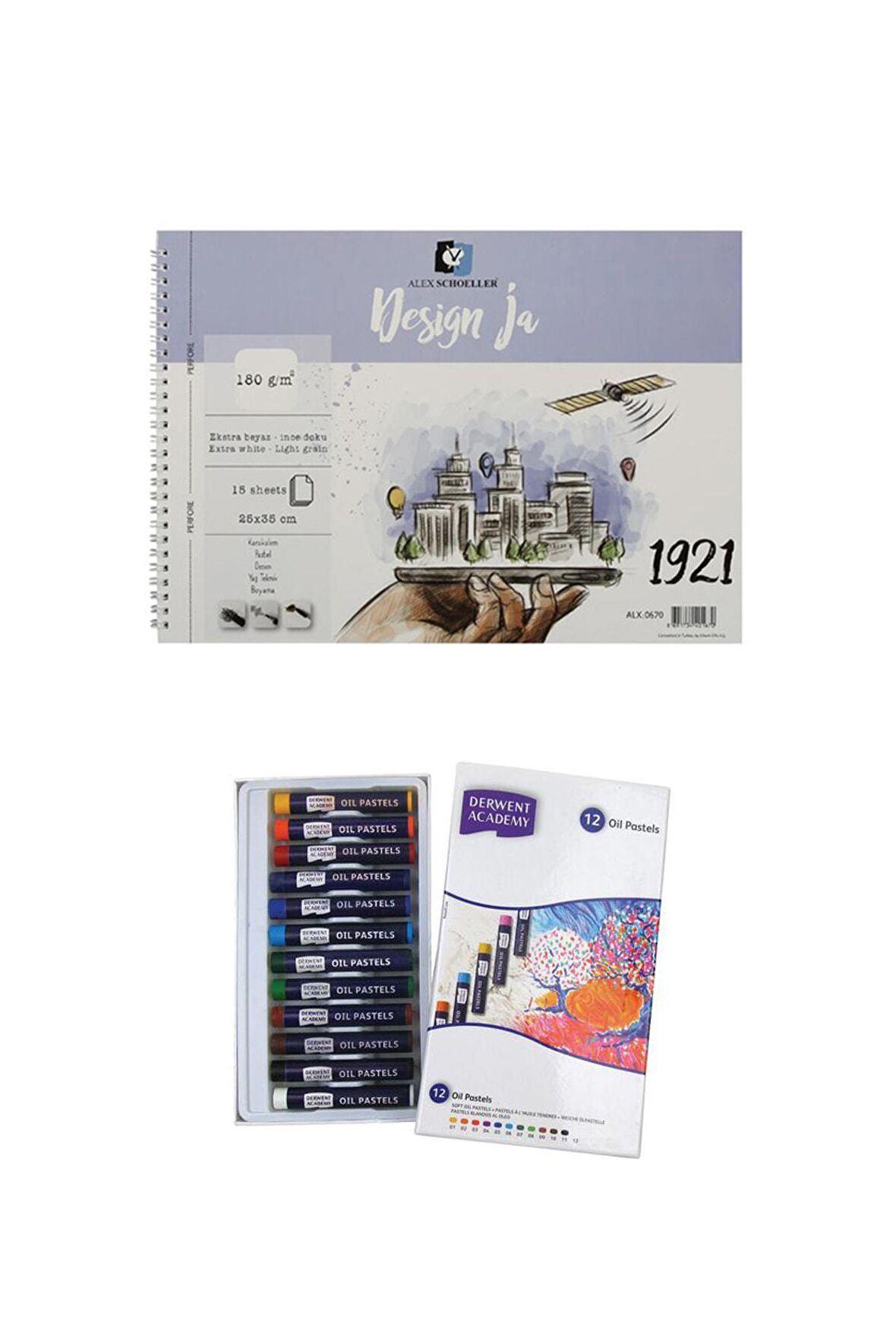 Alex Schoeller Design Ja 180gr 25x35cm Defter Derwent Academy Yağlı Pastel Boya 12 Renk