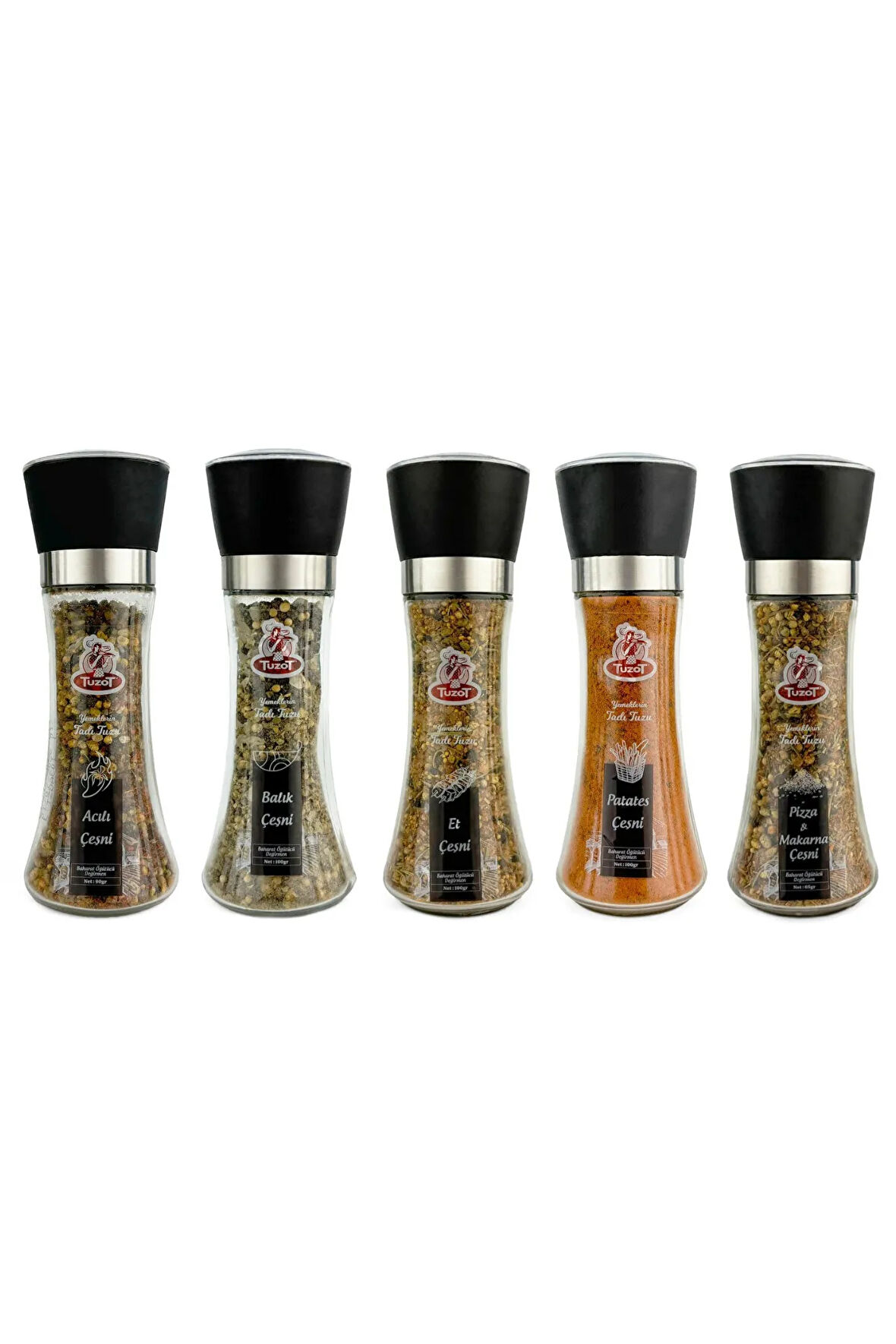 Baharat Çeşni Cam Değirmenli 5'li Set(Et-Balık-Patates-Acılı-Pizza)