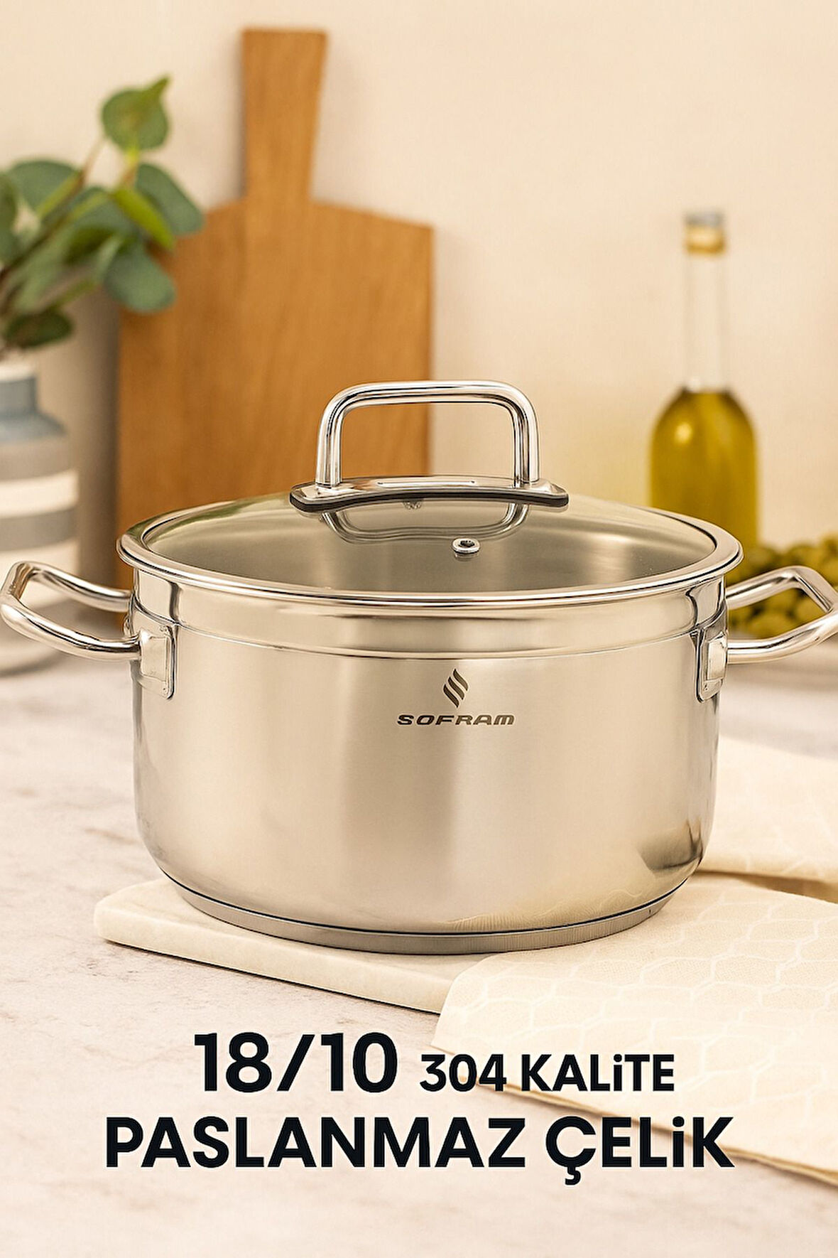 Sofram Atlas Serisi 22 cm Derin Tencere – 4 Litre, 18/10 Paslanmaz Çelik, Cam Kapaklı