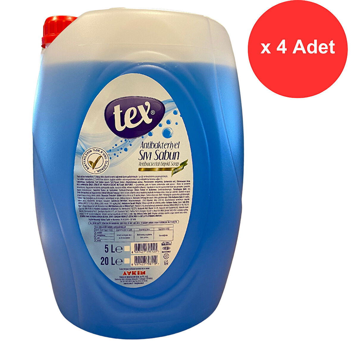 Tex Antibakteriyel Sıvı Sabun 4 x 5 Litre (20 Litre)