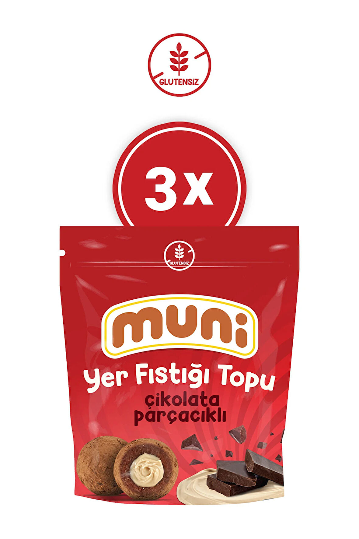 Glutensiz Çikolata Parçacıklı Yer Fıstığı Topu 3'lü