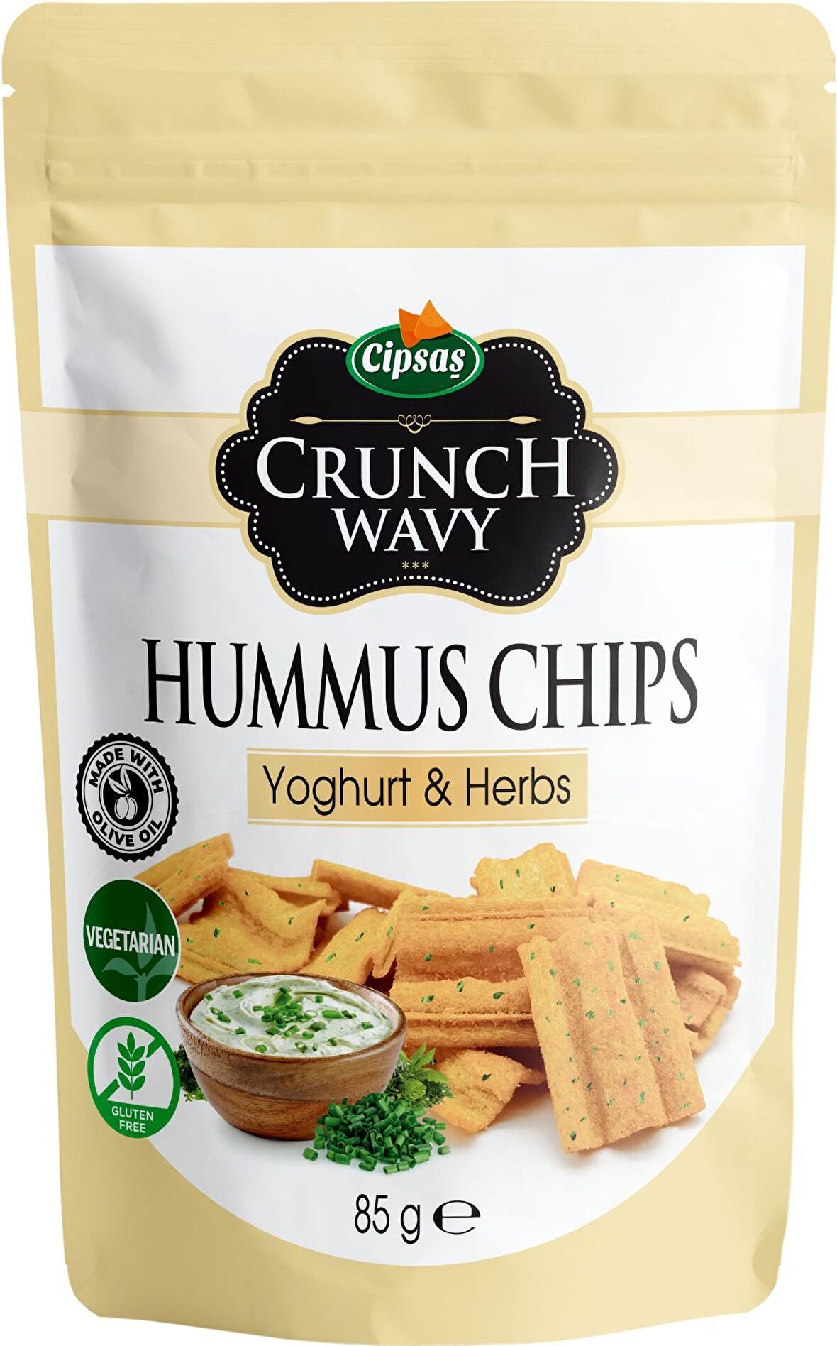 Yoğurt ve Mevsim Yeşillikleri Aromalı Vejetaryen Glütensiz Zeytinyağlı Fırınlanmış Nohut Cipsi (Hummus Chips)