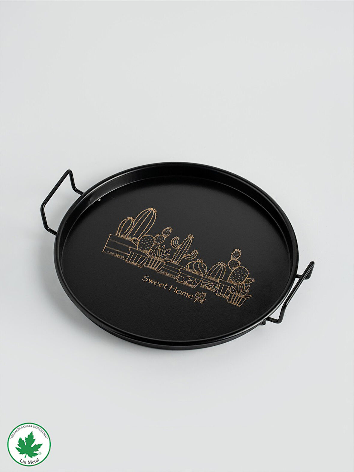 Lin Metal 24cm Yuvarlak Tel Kulplu Tepsi Kaktüs Baskılı - Siyah